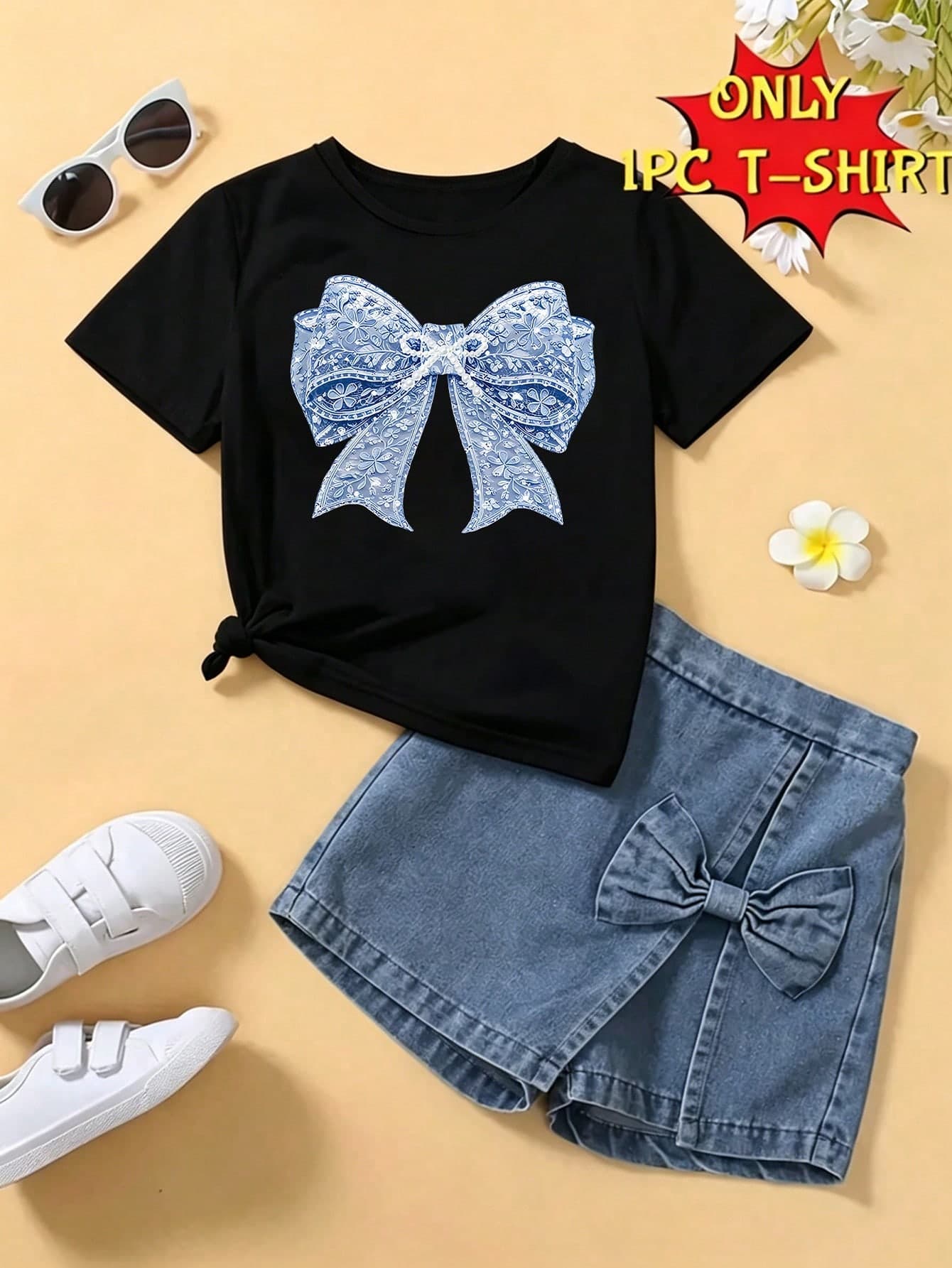Souflis Souflis (1 Pc) Baby Girl Fresh Minimalist Floral Pattern Pearl Bow Print Basic Short T-Shirt, Comfortable All-Season Daily Wear, Black T-Shirt With Blue Bow, Personalized Casual