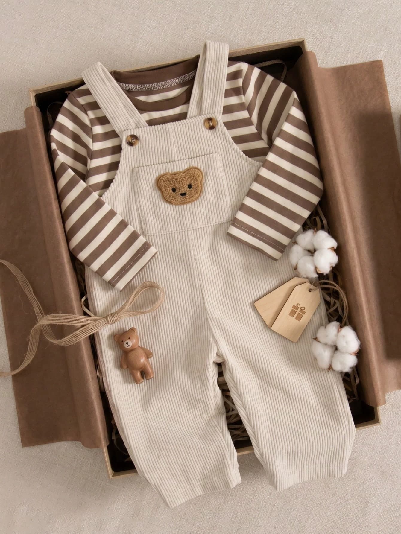 Souflis French Style Autumn/Winter New 2-Piece Set For Baby Boys 0-3 Years, Cute Bear Pattern Beige Corduroy Overalls With Brown Striped Crew Neck Long Sleeve Shirt, Adorable And Fashionable, Versatile For School, Play, Shopping, Parties And More
