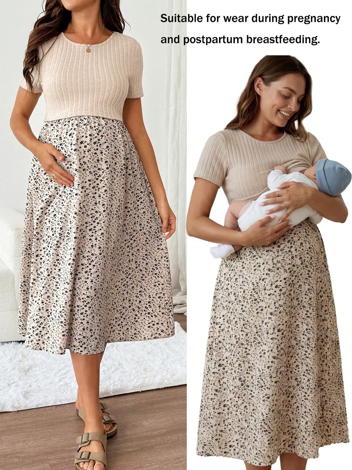 Slowluna Maternity Floral Print Colorblock Nursing Function Casual Daily Baby Shower Outing Dress Summer