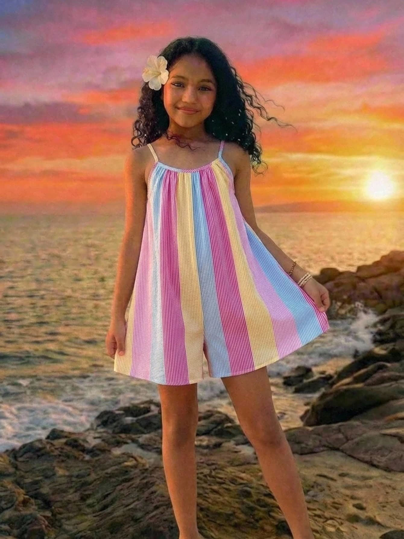SHEIN Tween Girlkids Pink & White Vertical Striped Spaghetti Strap Romper & Spaghetti Strap Design & Ruched Chest Detail & Sweet Fresh Style Tween Girl & Summer Casual Vacation Little Girl Outfit & Comfortable Daily Niche Design Striped Shorts