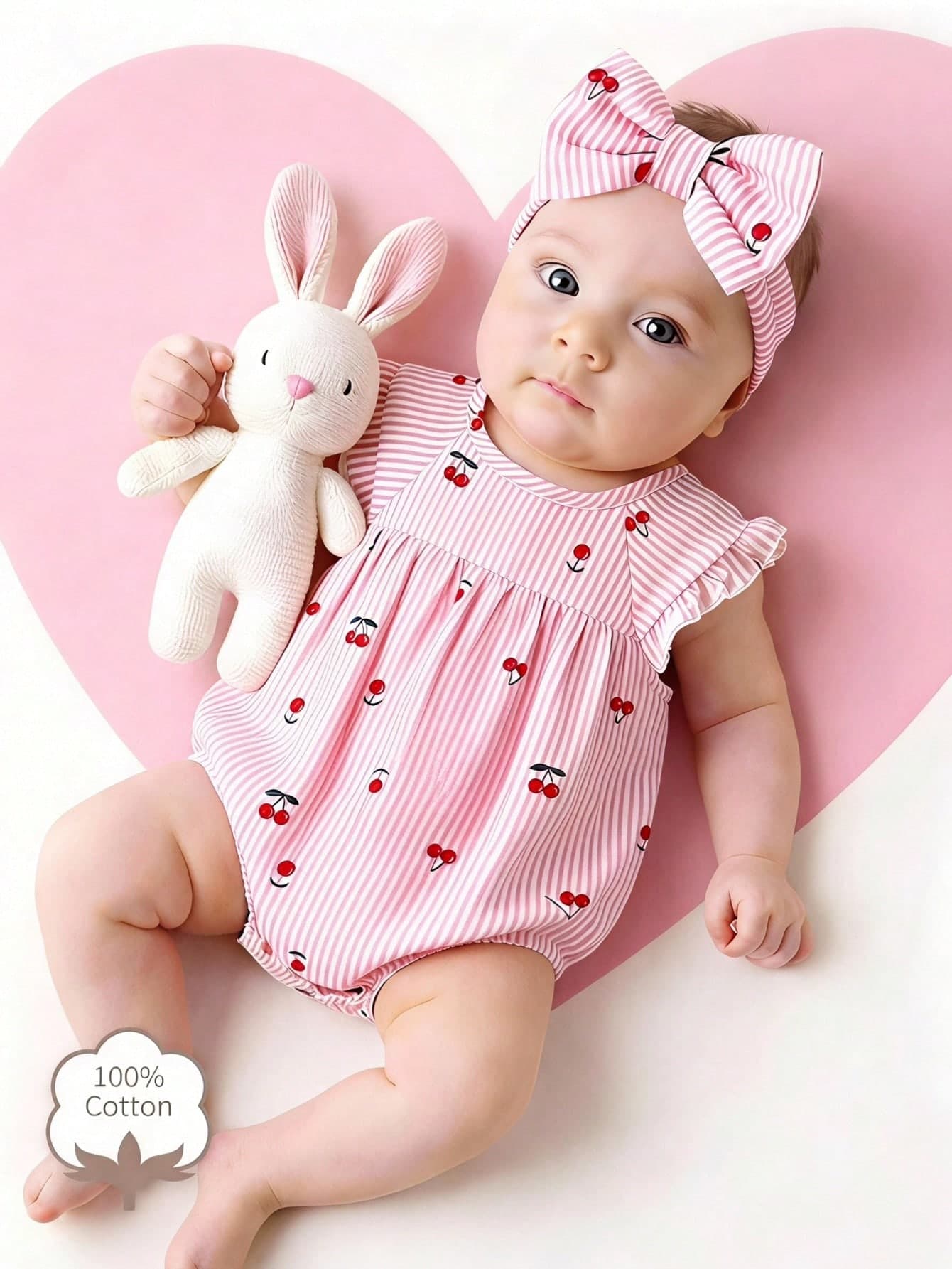 SHEIN 2pcs/Set Summer Baby Girls' Romper + Headband, Newborn Elegant Sweet Cute Pink & White Striped Cherry Print Outfit