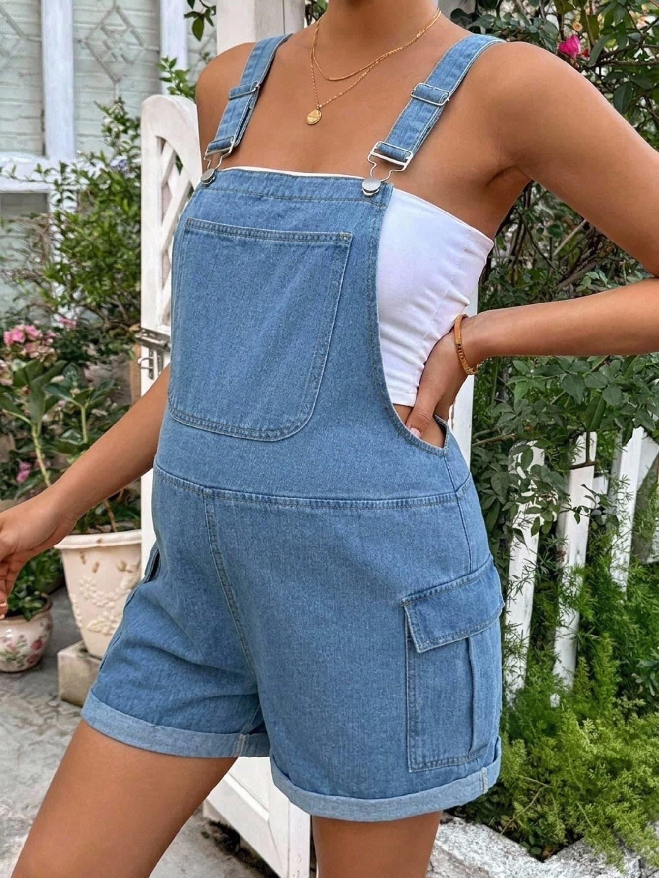 SHEIN Maternity Pocket Casual Daily Outing Denim Overall Shorts Summer Festival Party Beach Wedding Graduation Going Out Elegant Vacation Navy Blue