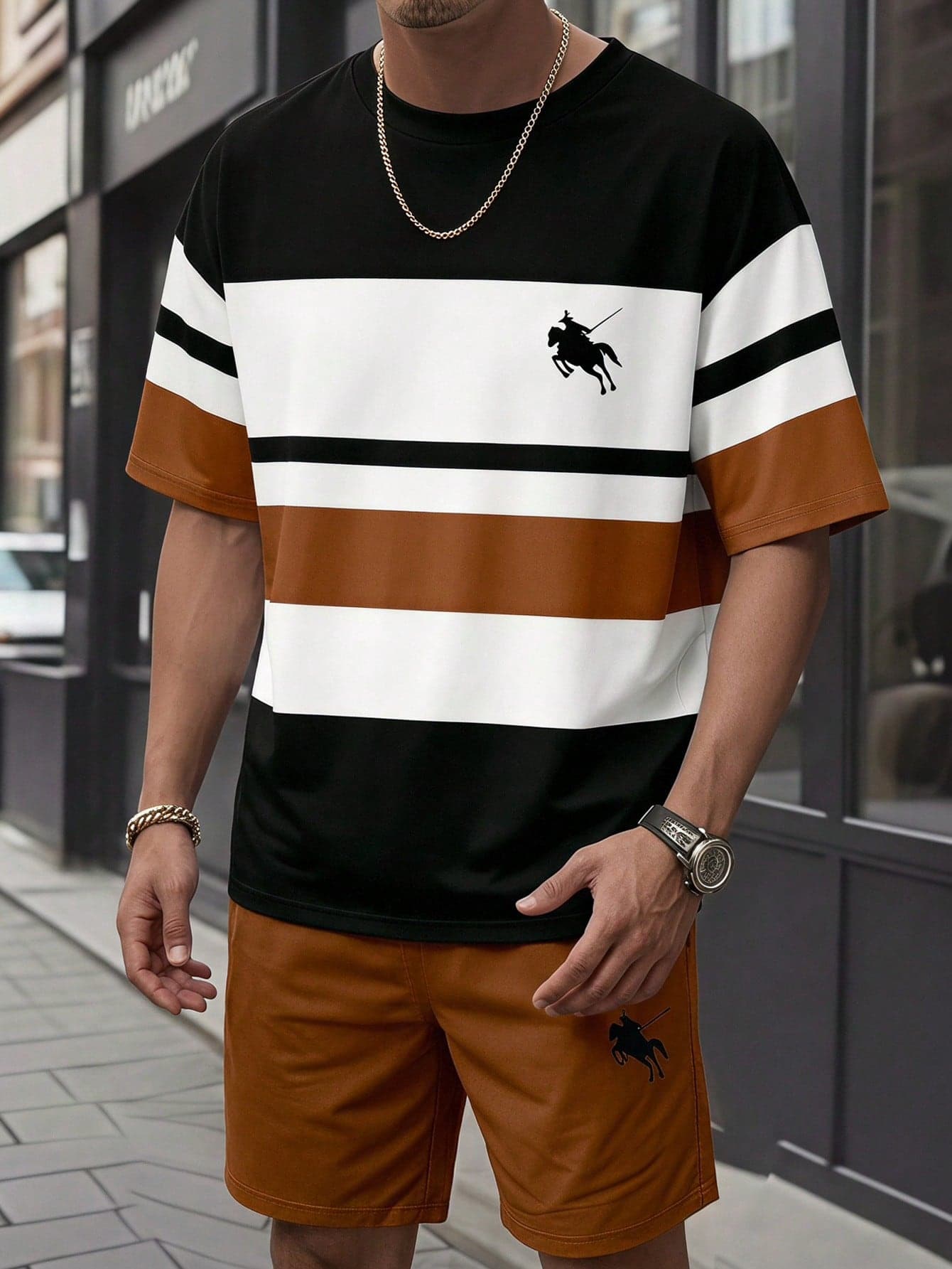 SHEIN Teen Boys Digital Stripe & Horse Pattern Short Sleeve Shirt And Shorts Set, Spring/Summer Casual Comfortable Fashion Style, Suitable For Outings, Outdoor Sports, Outdoor Picnic, Street Photography, Vacation Style, Holiday, Gift Use Summer Outfits