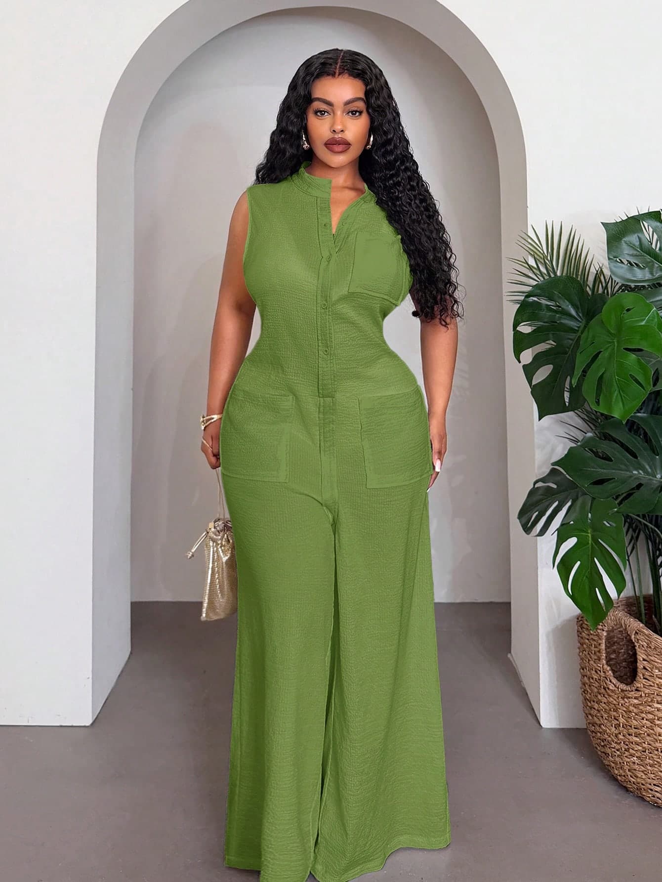 Slaydiva Plus Size Summer Casual Solid Color Sleeveless Jumpsuit Formal Vacation Olive Green