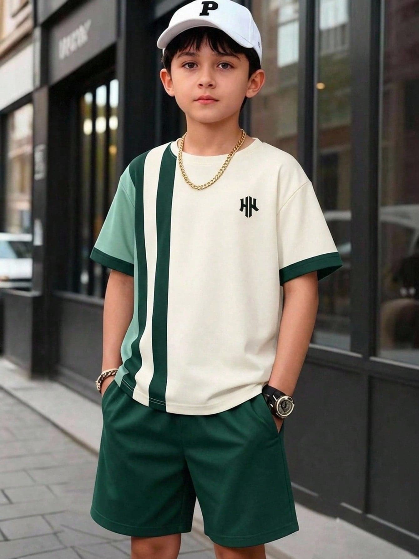 2pcs Boys Casual Minimalist Colorblock Striped Short Sleeve Crew Neck T-Shirt + Pocket Shorts Set, Spring/Summer