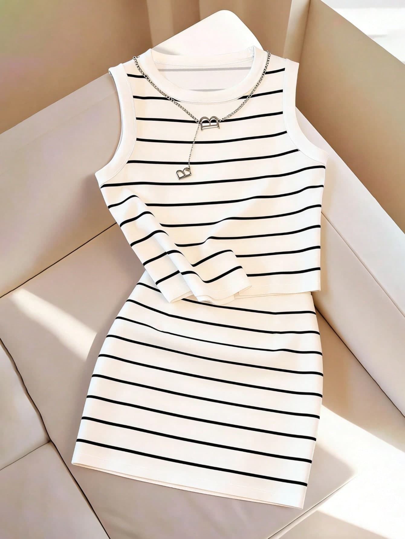 GlowEve Spring/Summer Women's 2-Piece Set, Black & White Striped Color Block, Striped Color Block, Small Round Neck Fitted Cropped Sleeveless Tank Top And High Waist Bodycon Mini Skirt, Sexy, Elegant, Suitable For Dating, Valentine's Day, Party, Vacation, Daily Commute