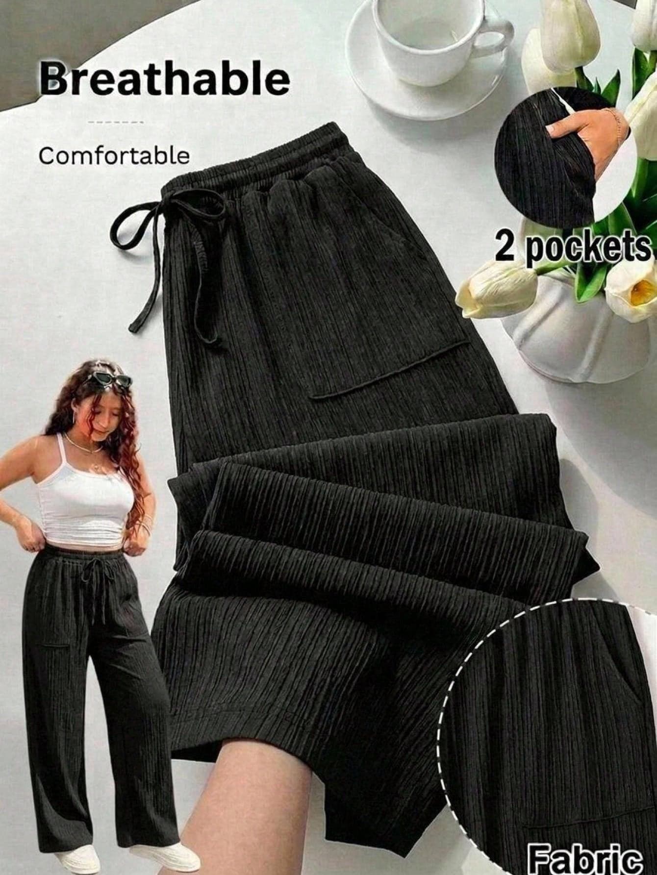 GalTyme Plus Size Women's Casual Waist Tie Straight Leg Pants Suitable For Summer, Black Textured Fabric Long Pants, Women's Summer Clothing Fall