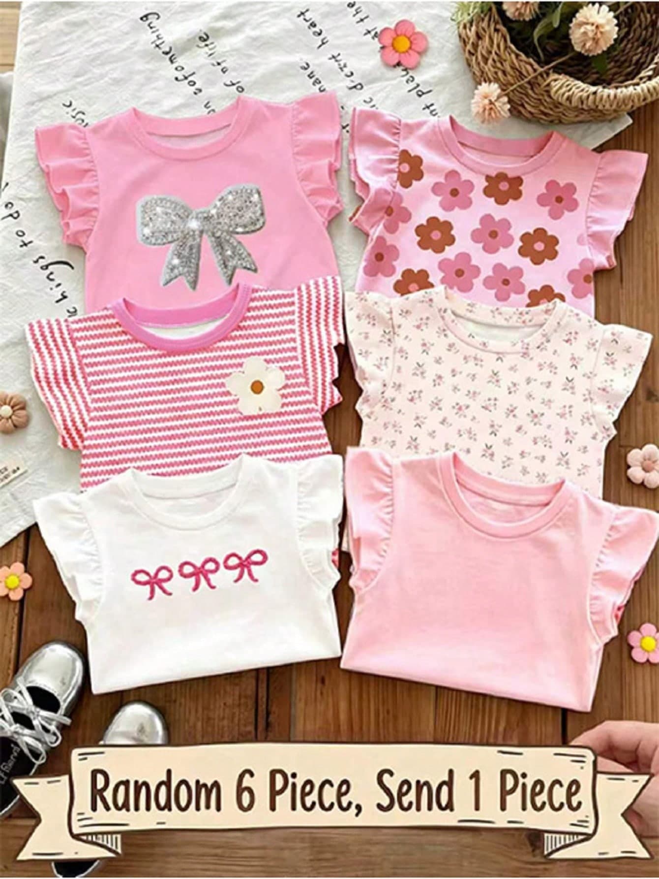 Souflis Souflis 6pcs Baby Girls Random 1pc; Light Color 1pc, Bohemian Ditsy Floral, Gentle Purple Stripe, 3D Bow Pattern, Baby Girl Casual Minimalist Versatile Round Neck Cap Sleeve T-Shirt 1pc, Suitable For Spring/Summer Daily Wear, Travel, Vacation