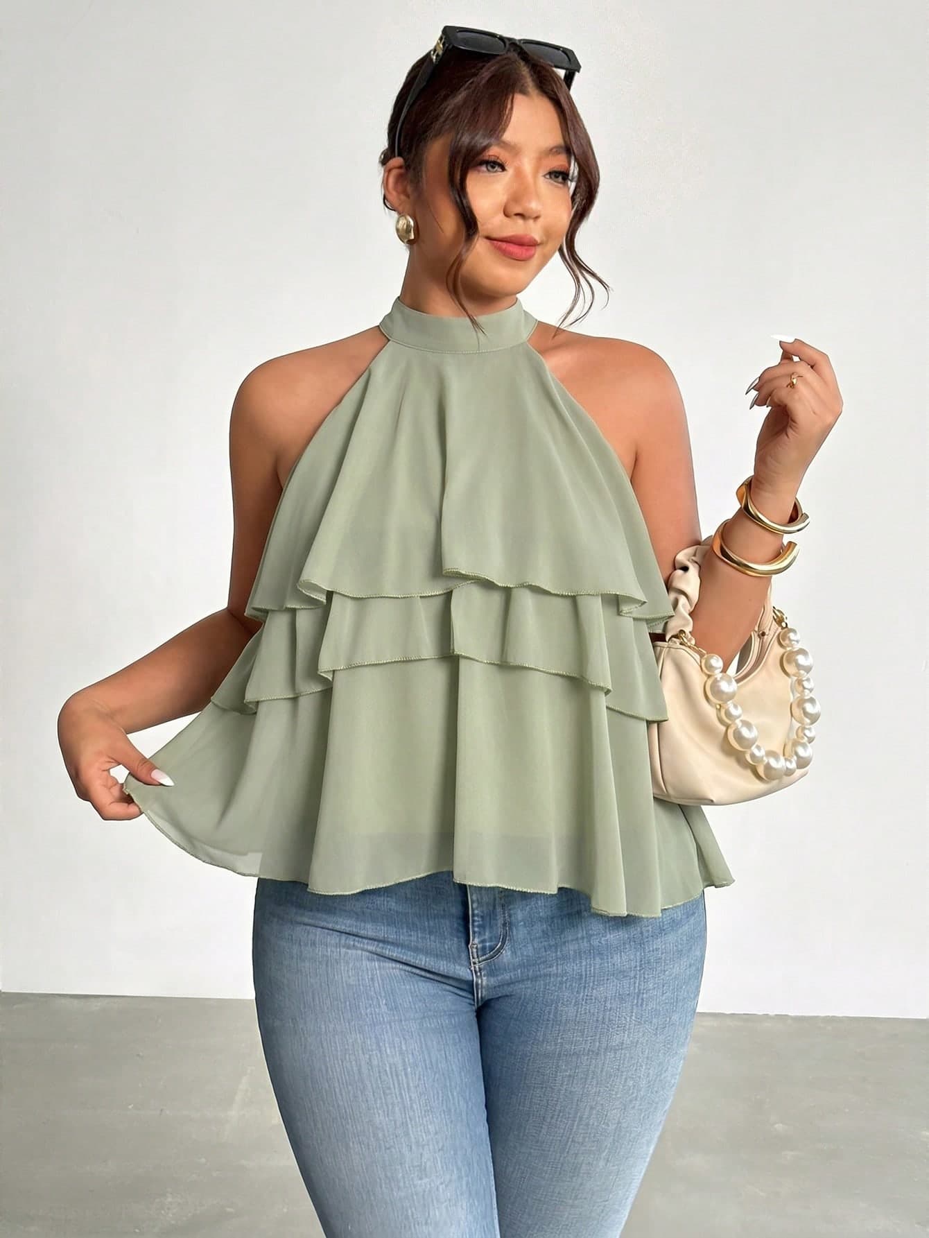 Firerie Plus Size Women Solid Color Casual Elegant Versatile Daily Wear Halter Neck Blouse Evening Party Wedding Guest Sage Green Summer