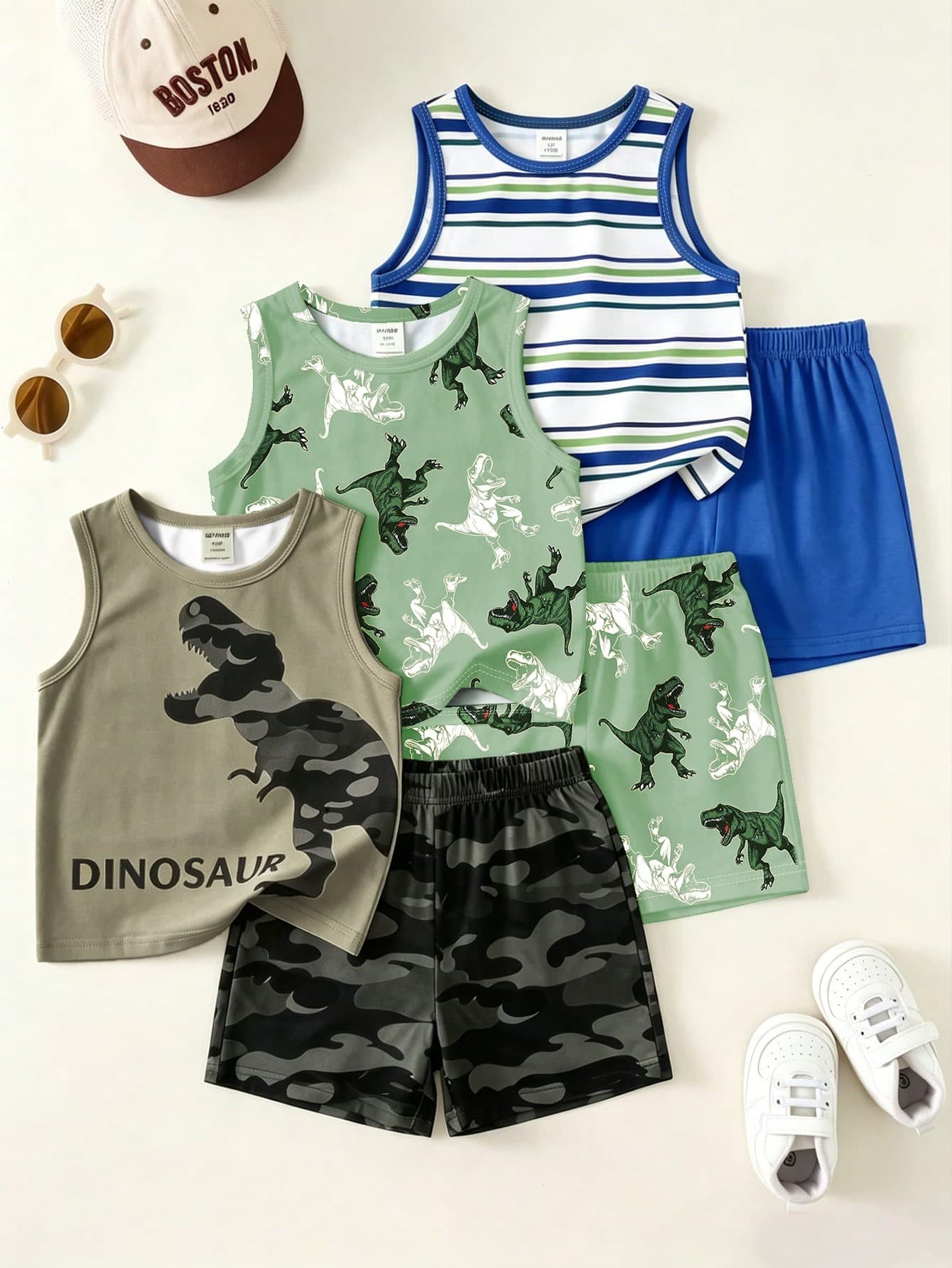 Young Boys Casual Simple Cartoon Pattern Comfortable Tank Tops 3pcs Set Suitable For Spring And Summer