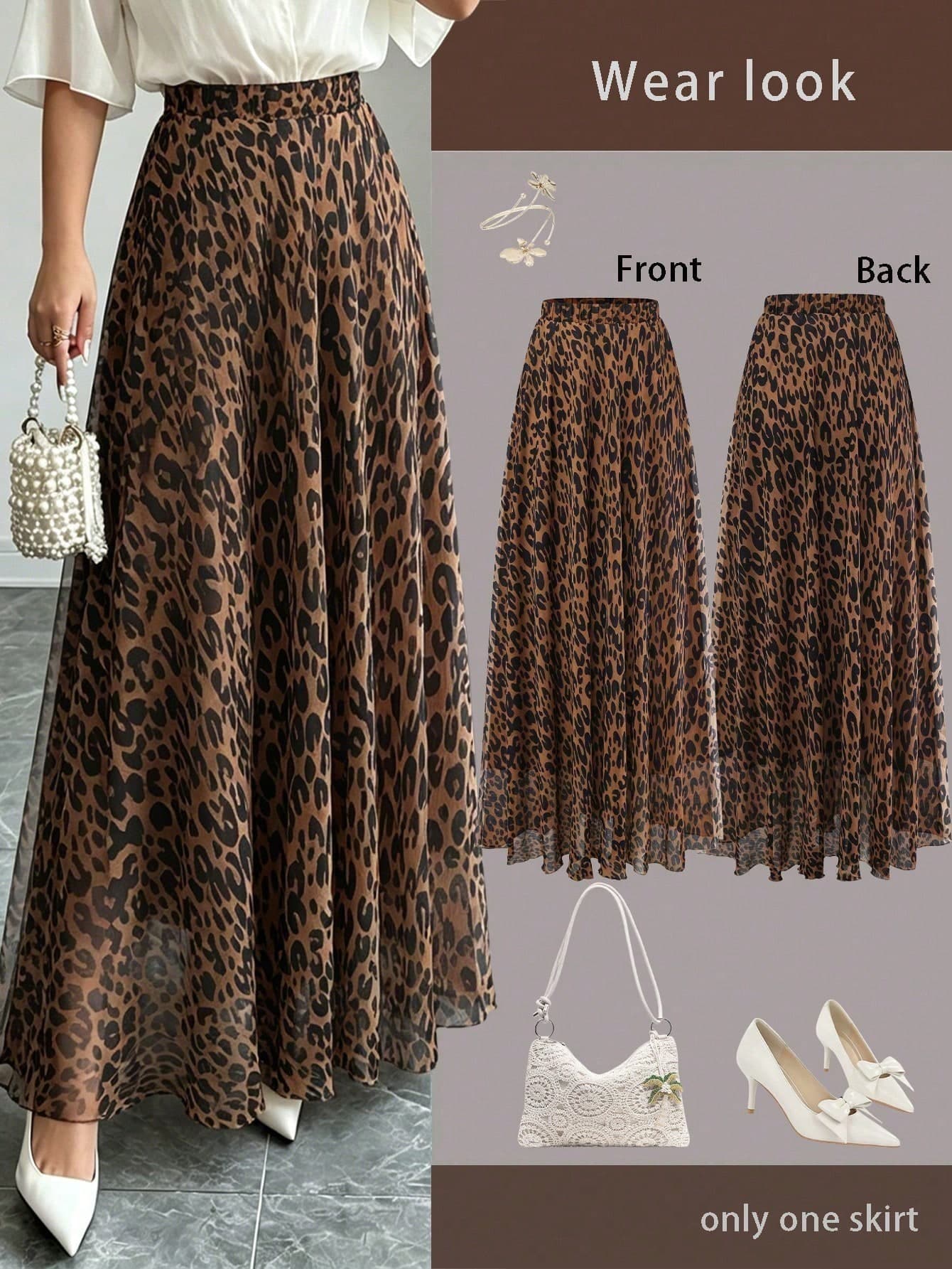 Franclia Plus Size Summer Fashion Leopard Printed Elastic Waist Chiffon Skirt, For Thanksgiving Fall