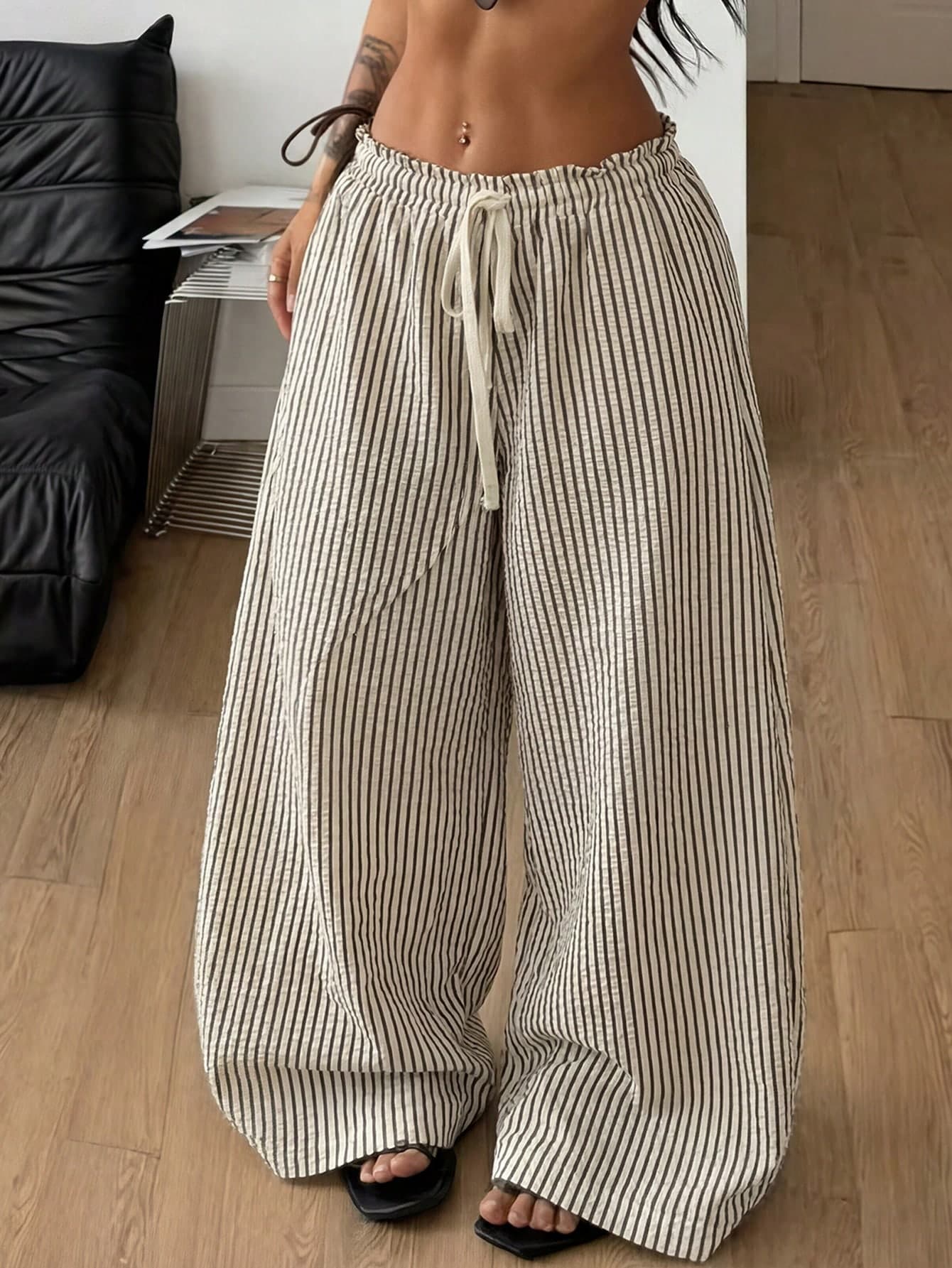 Coolane Women's Summer Streetwear Casual Vacation Beach Daily Outfits Vintage Textured White And Black Checkered Comfortable Baggy Wide Leg Pants