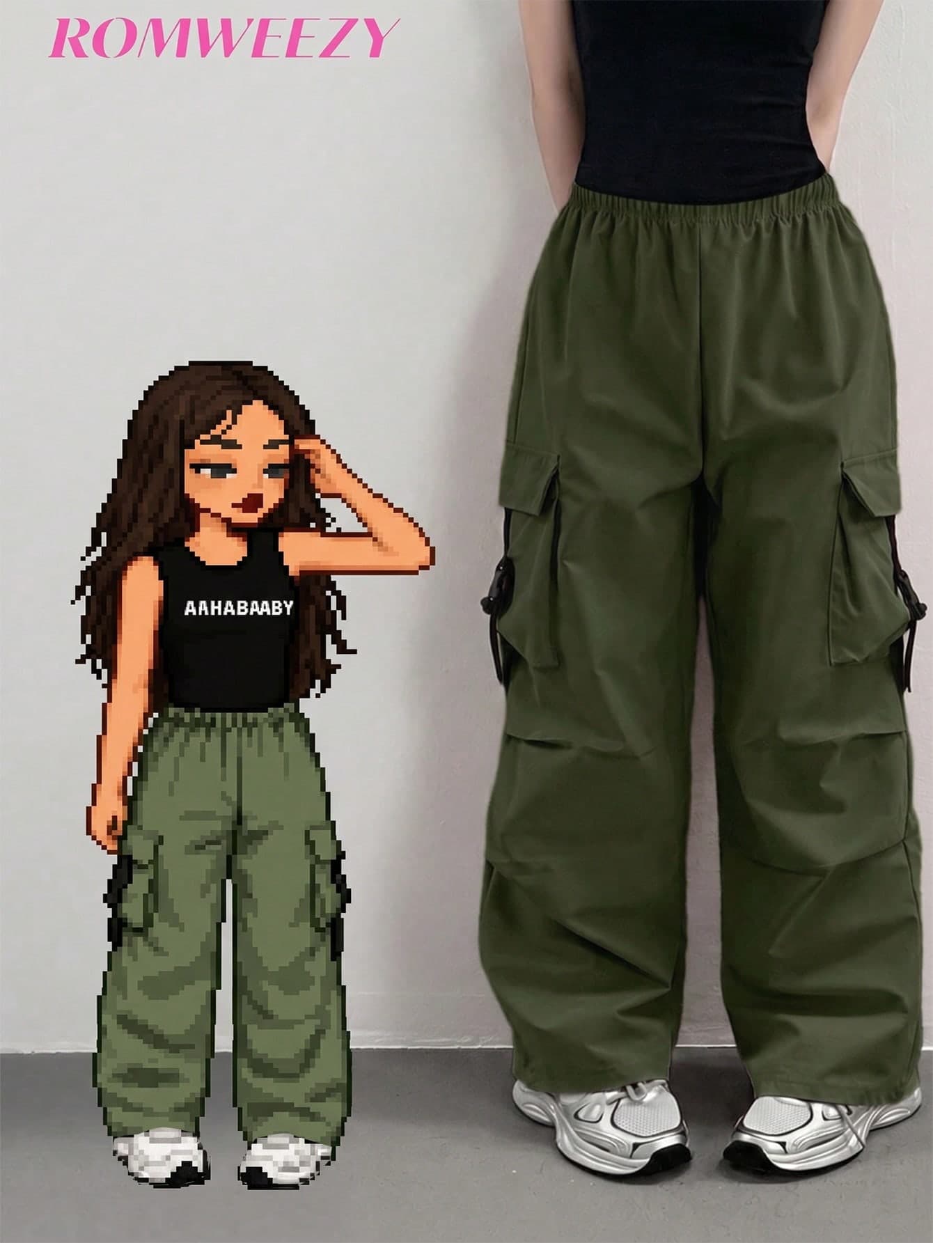 SHEIN Tween Girls' Solid Color Elastic Waist Loose Casual Cargo Pants