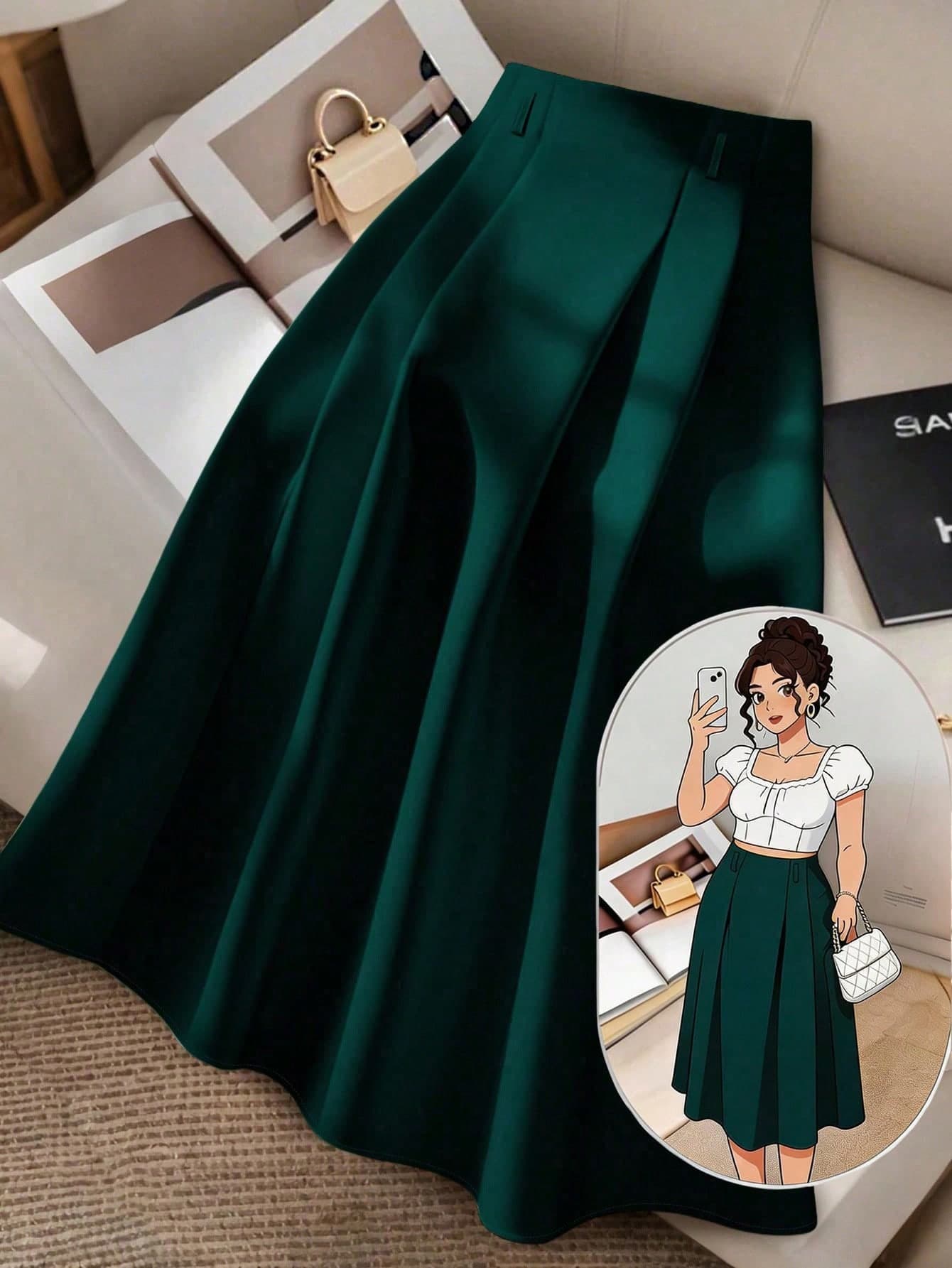 GlowEve CURVE Plus Size Women Elegant Solid Color Umbrella Green Skirt Teal