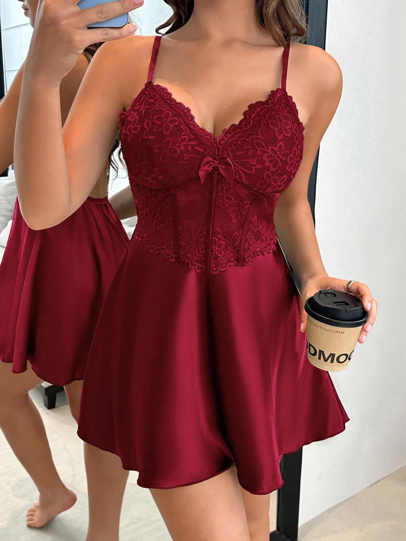 Napfluff Mature Sexy Lace Boning Corset Satin Bow Women's Cami Slip Dress