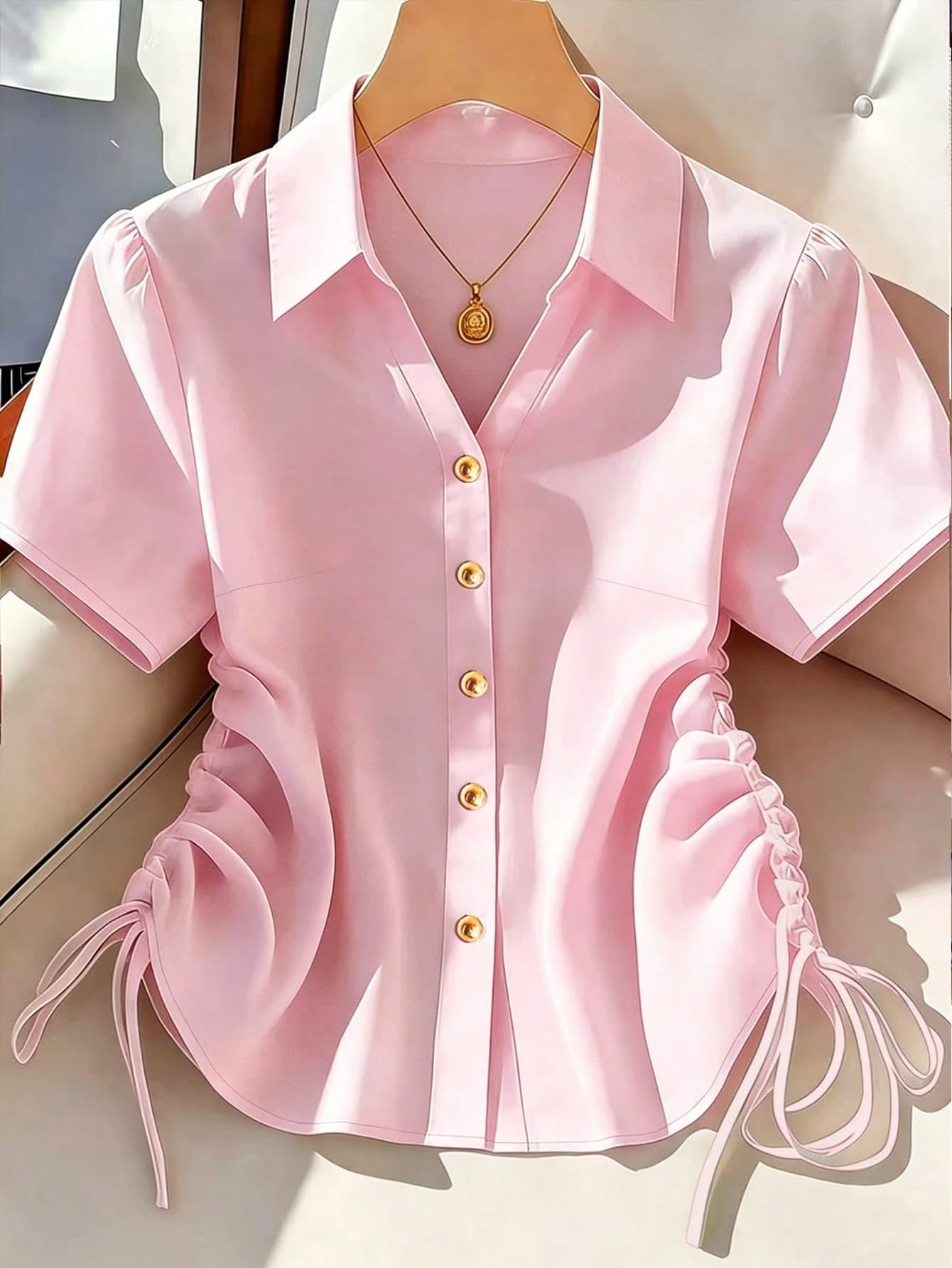 Franclia Women's Summer Casual Solid Color Side Drawstring Shirt