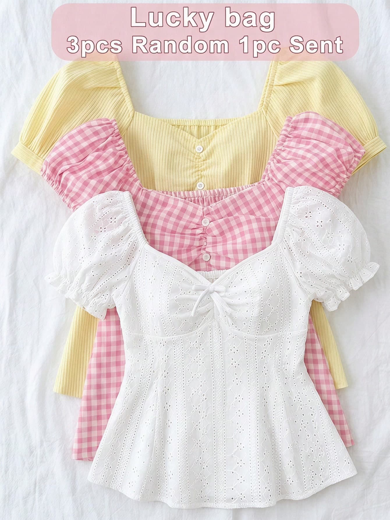SHEIN Teen Girl White Heart-Neck Lace Hollow Puff Sleeve Ruffle Hem Fashion Shirt,Random 1pc Sent