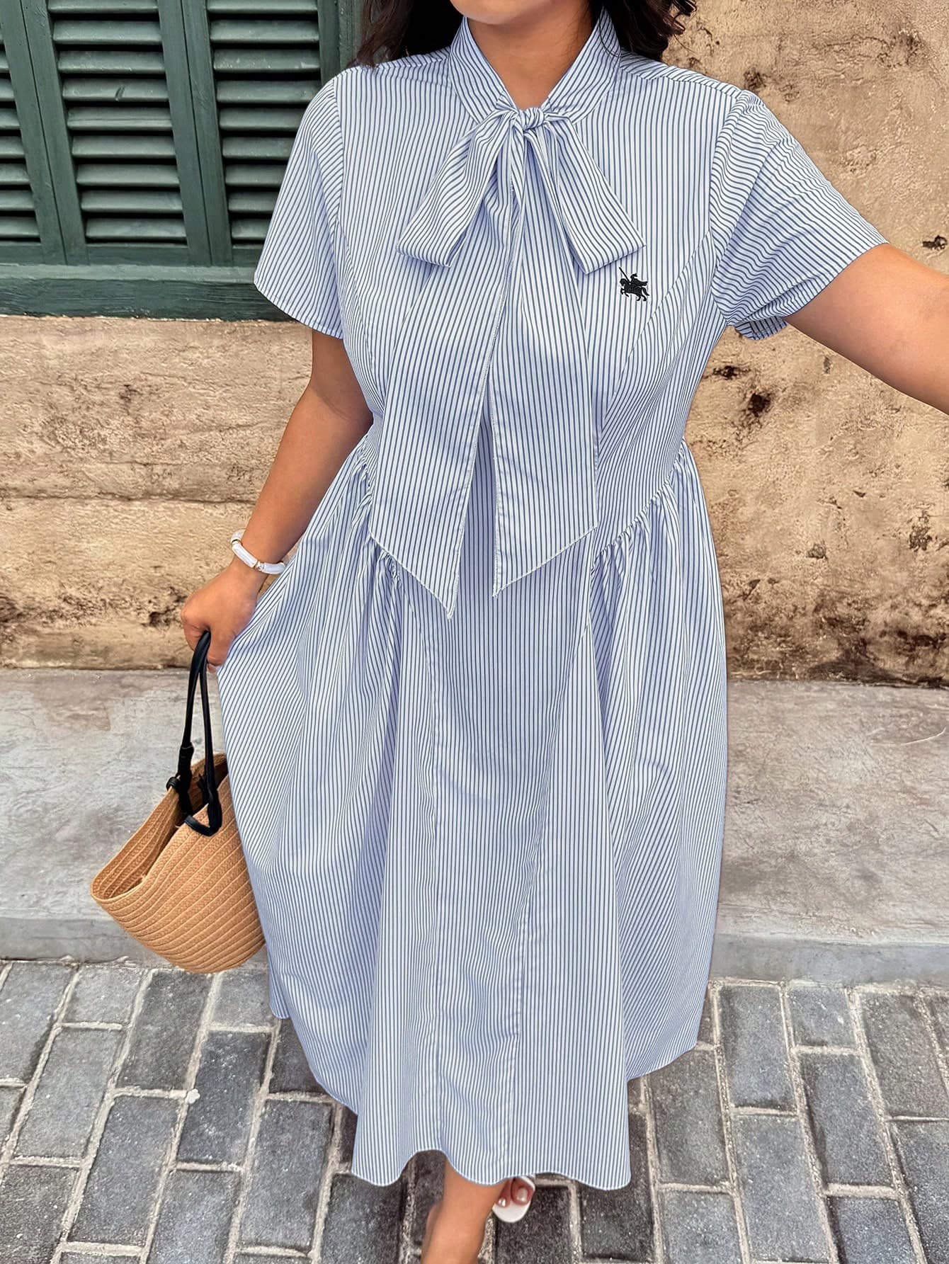 Vionelle Plus Size Woven Blue And White Striped Cinched Waist Petal Sleeve Preppy Elegant Style Embroidered Slimming Ruched A-Line Dress Party Summer