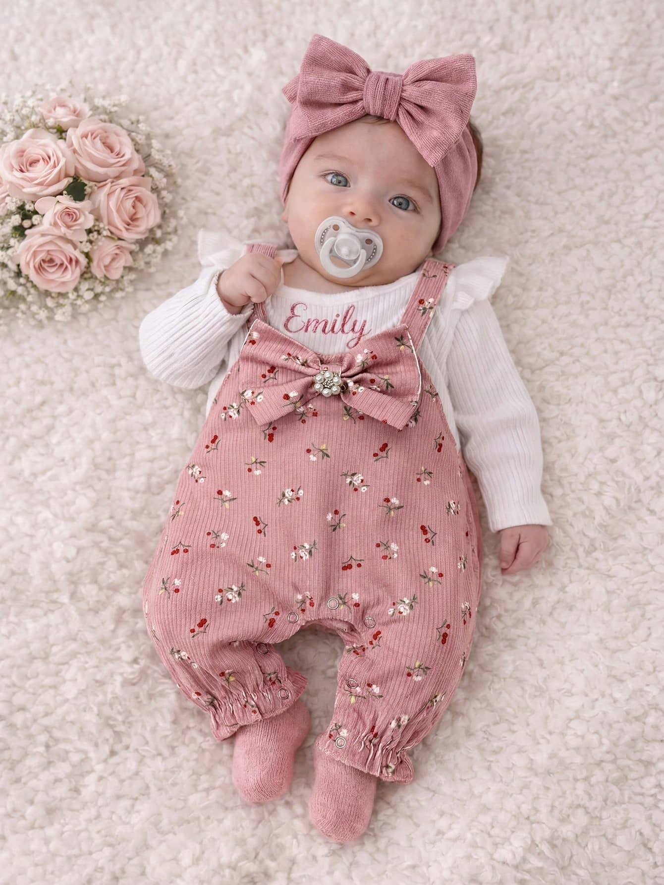SHEIN Newborn Baby Bowknot Decor Floral Print Casual Daily Wear Jumpsuit