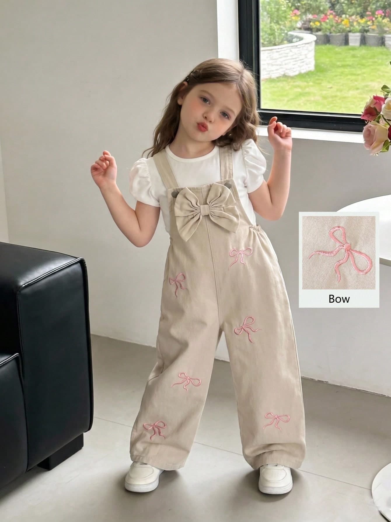 SHEIN Playful Pals Girls' Denim Overalls, All-Season, Casual Cute Style, Vintage Denim Khaki Color, 3D Bow Design On Chest, Pink Bow Embroidery On Pants, Loose Straight Leg Fit, Comfortable Premium Cotton Denim Fabric, Suitable For Daily Wear, Party, Gathering And Multiple Occasions, All-Season Girls' Denim Overalls