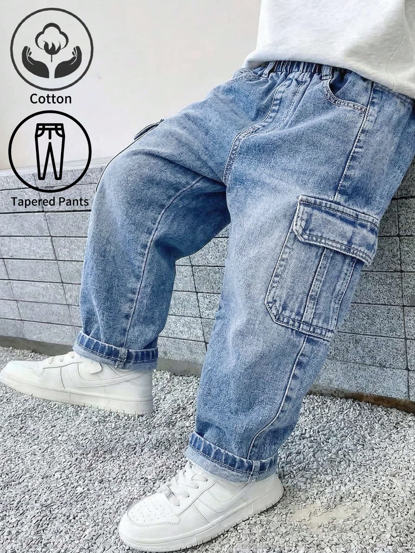 Genkimix Kids Young Boys Casual Sports Cargo Style Denim Jeans 1pc Medium Blue Washed Denim Double Side Large Pockets Elastic Waist Straight Leg Tapered Loose