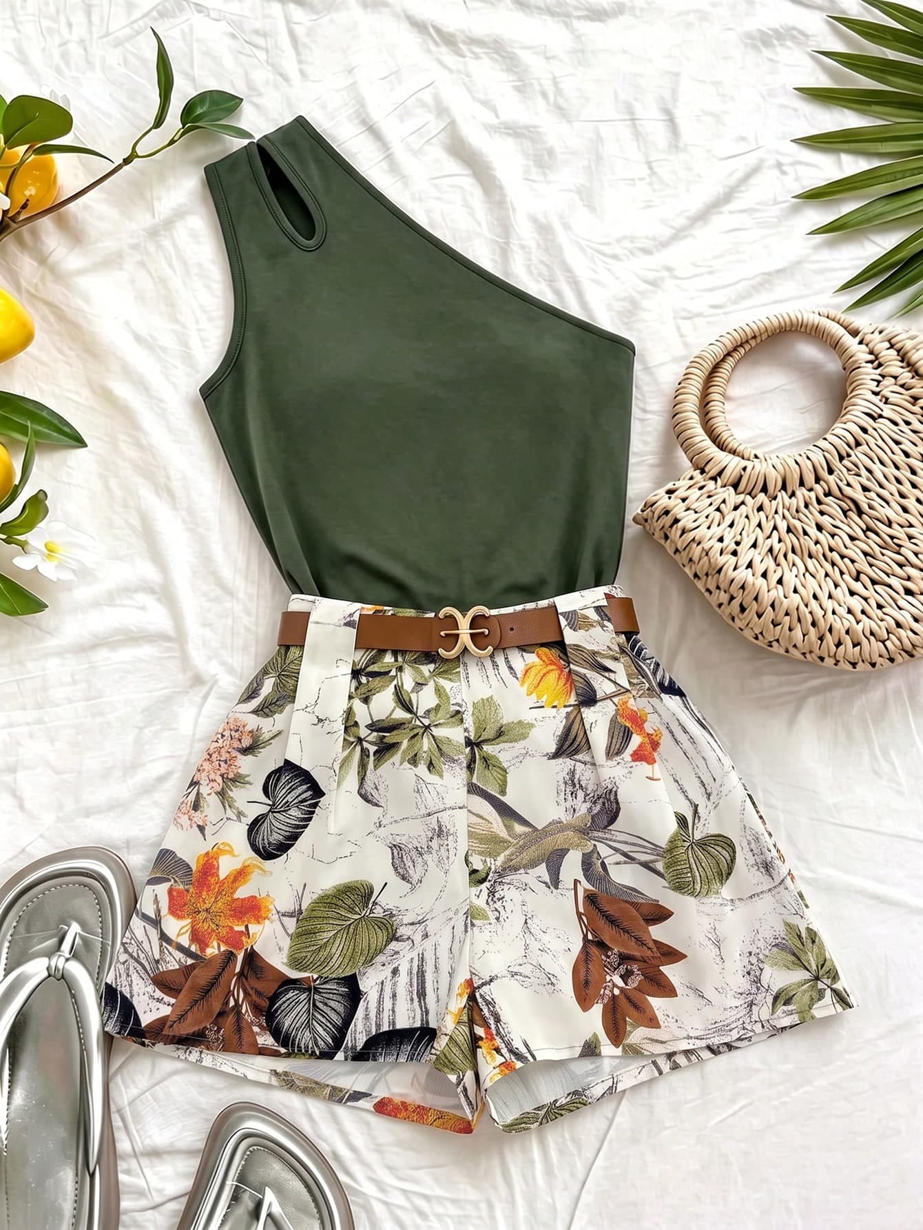 Roelina Women's Green Floral Summer Casual Vacation Holiday Elegant 2-Piece Set,Asymmetric Shoulder Sleeveless Ruched Hollow Out Fitted Shorts Outfit
