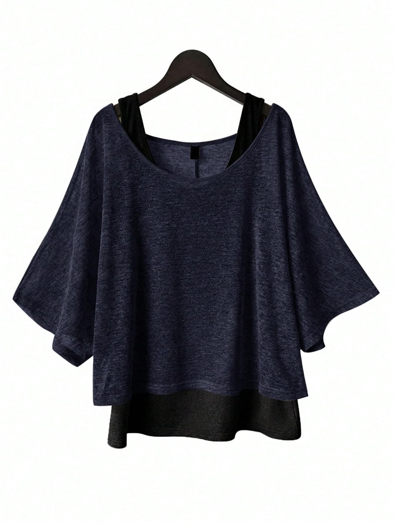 SHEIN Essnce Plus Size Women Solid Color Sleeveless Camisole And Round Neck Short Sleeve Top Casual Daily 2-Piece Set Formal Holiday Navy Blue Summer