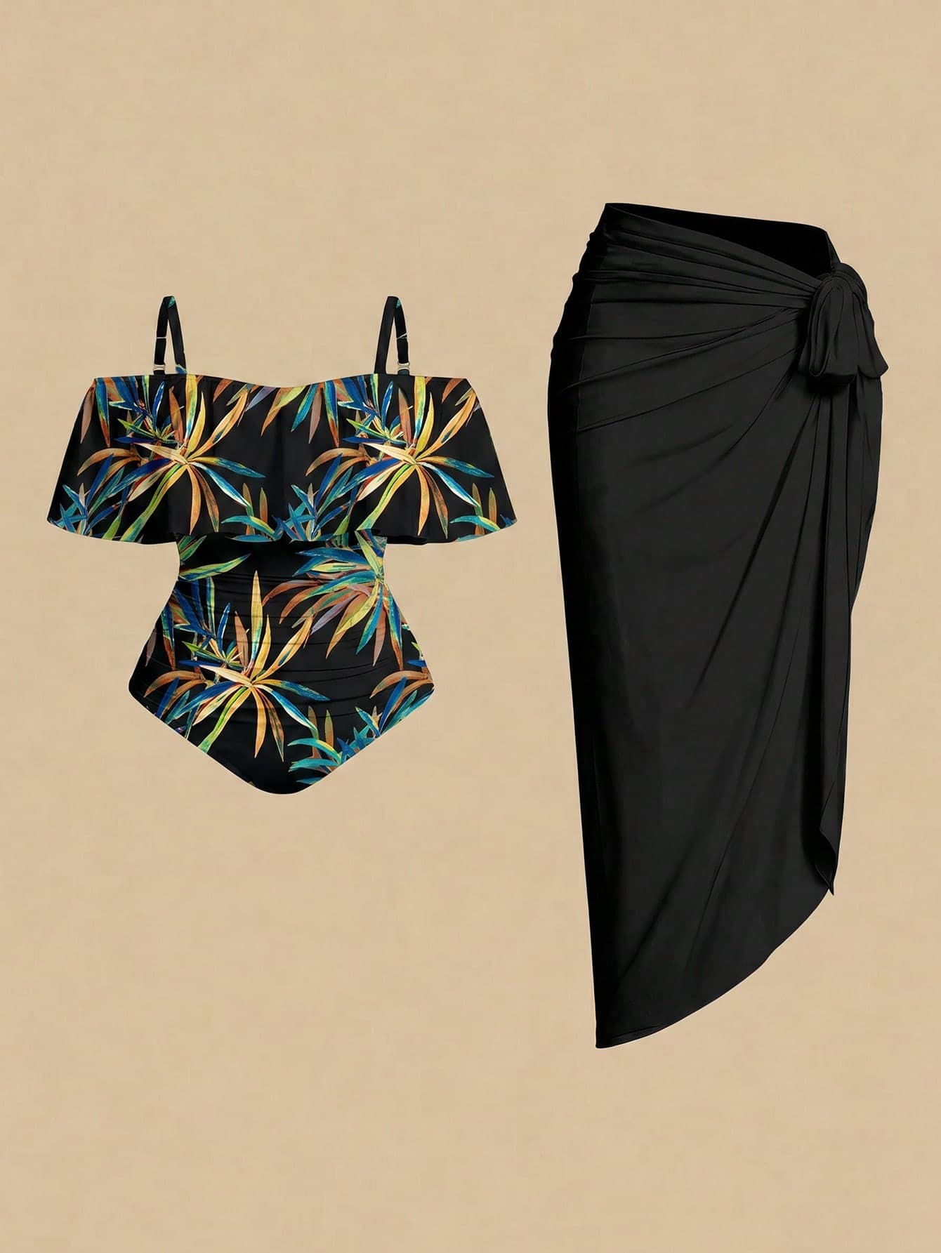 Swim Oasis Plus Size Vacation Botanical Print One-Piece Swimsuit Skirt Cover-Up 2 Pieces Set Vacation Black Summer