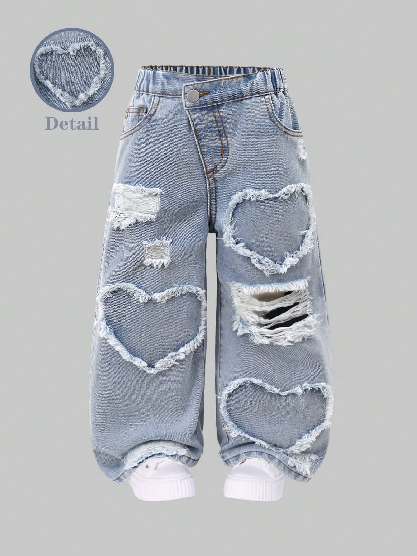 SHEIN Girls' Summer Washed Versatile,  Comfortable And Soft Cotton Fabric Wide Leg Jeans, A Heart-Shaped Applique Embroidery.Back To School,Soft Cotton