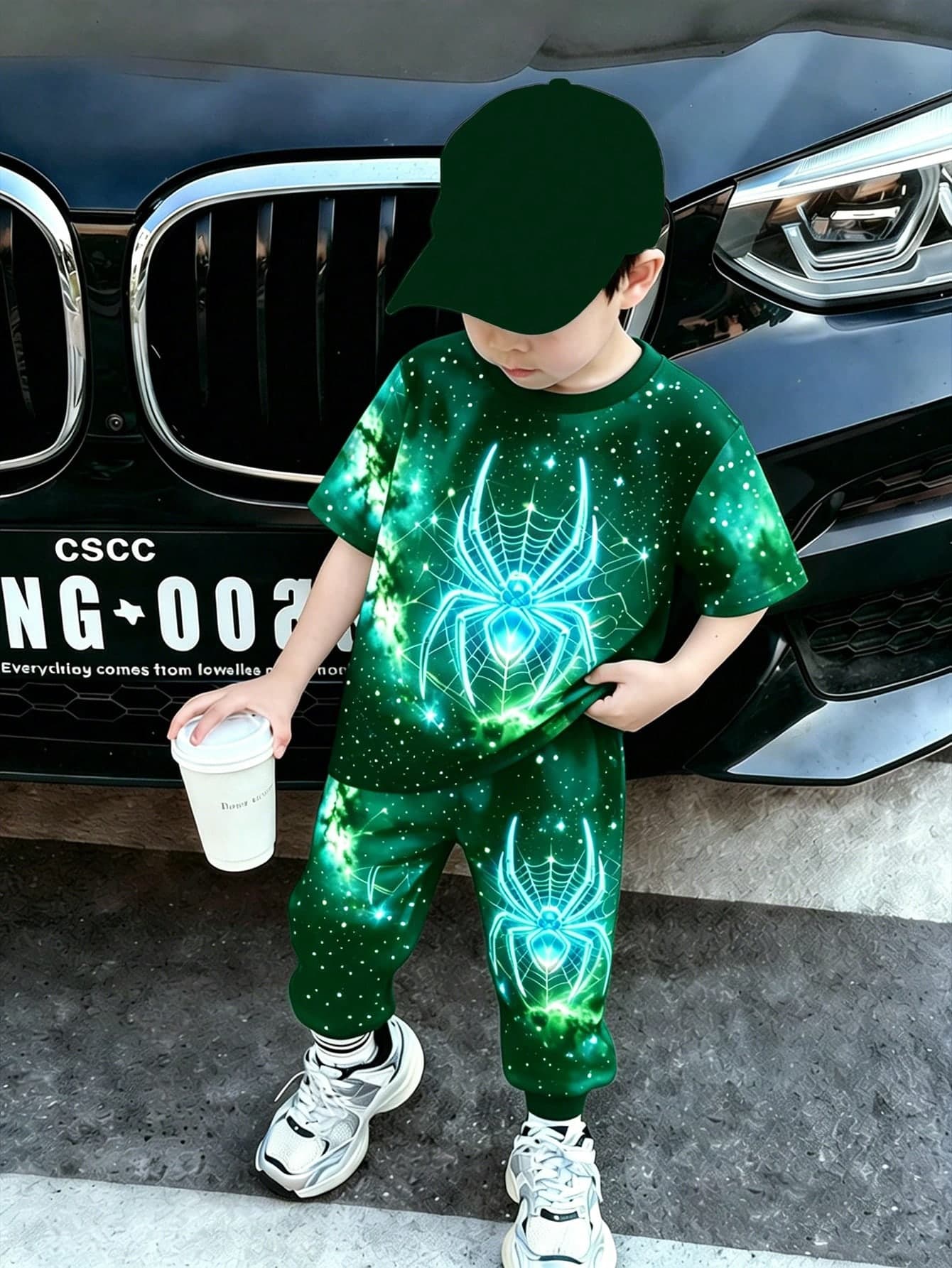 2pcs Spider And Spider Web Print Green Digital Print Outfit Fashion Versatile Comfortable Green Crew Neck T-Shirt And Green Long Pants Boys Short Sleeve Long Pants Set Short Sleeve Top Suitable For All Seasons Digital Daily Streetwear Outfit