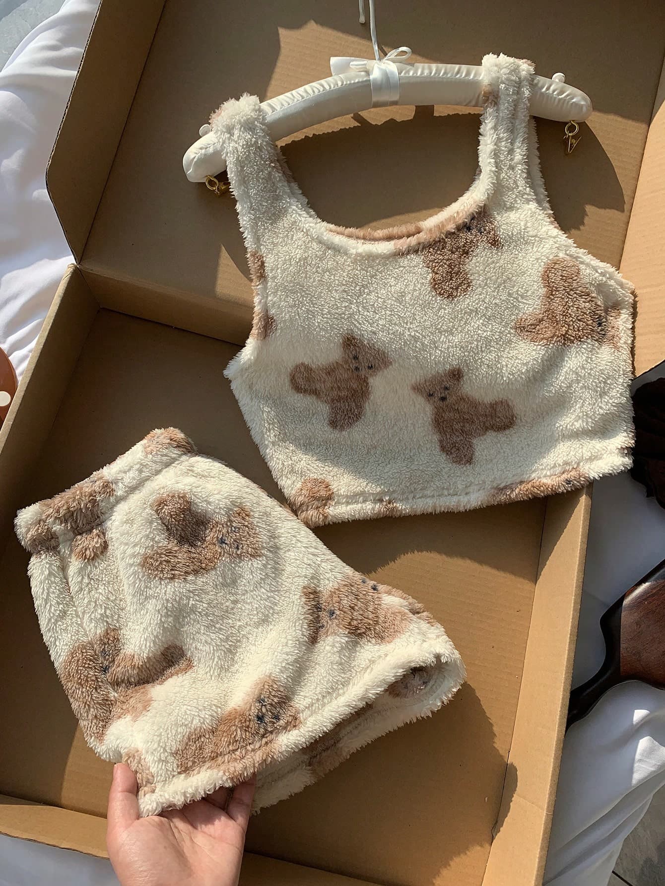 Comfortcana Women's Bear Print Tank Top And Shorts Pajama Set , Fluffy Cozy Winter Clothes