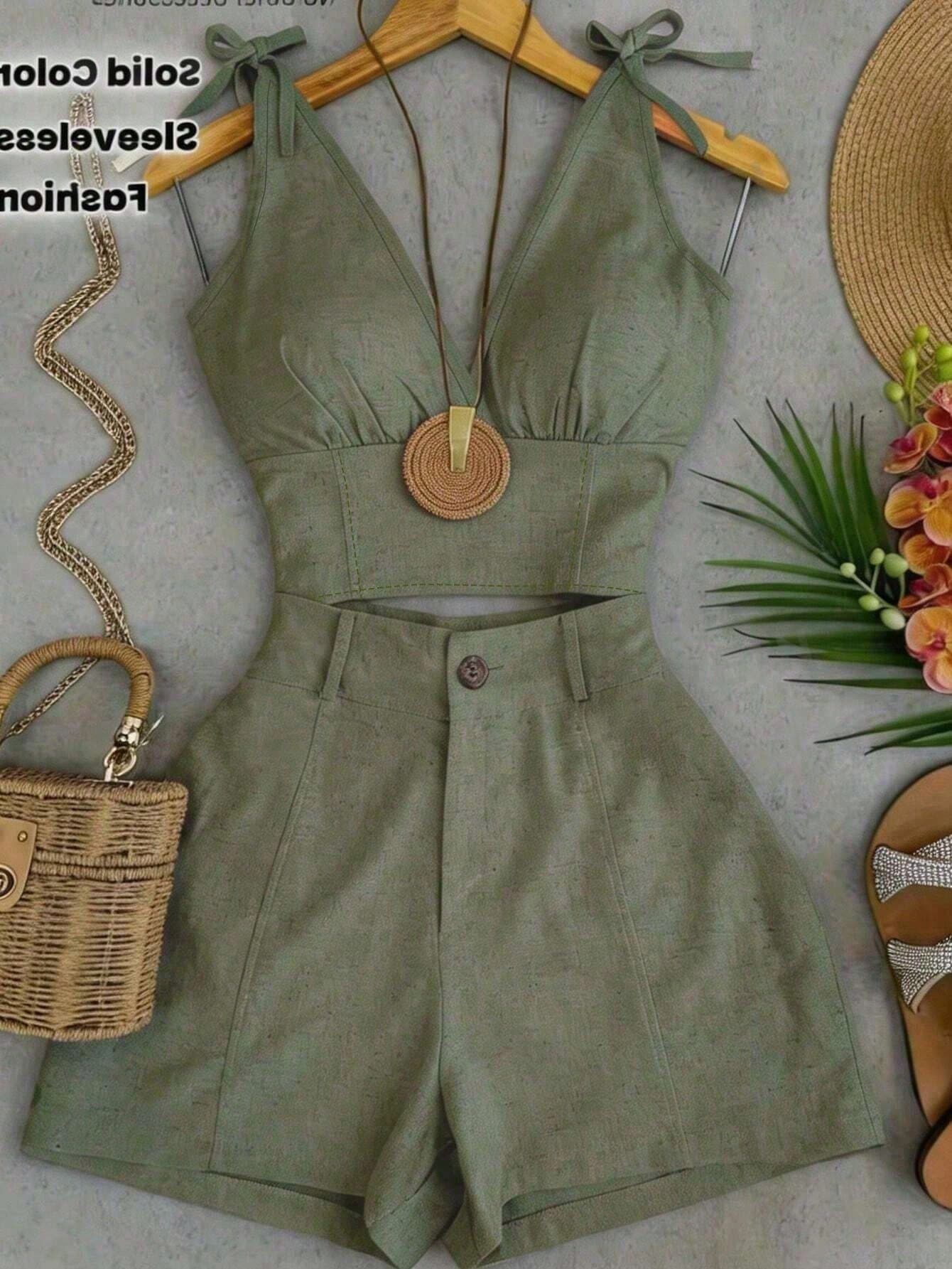 Franclia Summer Casual Solid Color V-Neck Tie Shoulder Top And Shorts Set