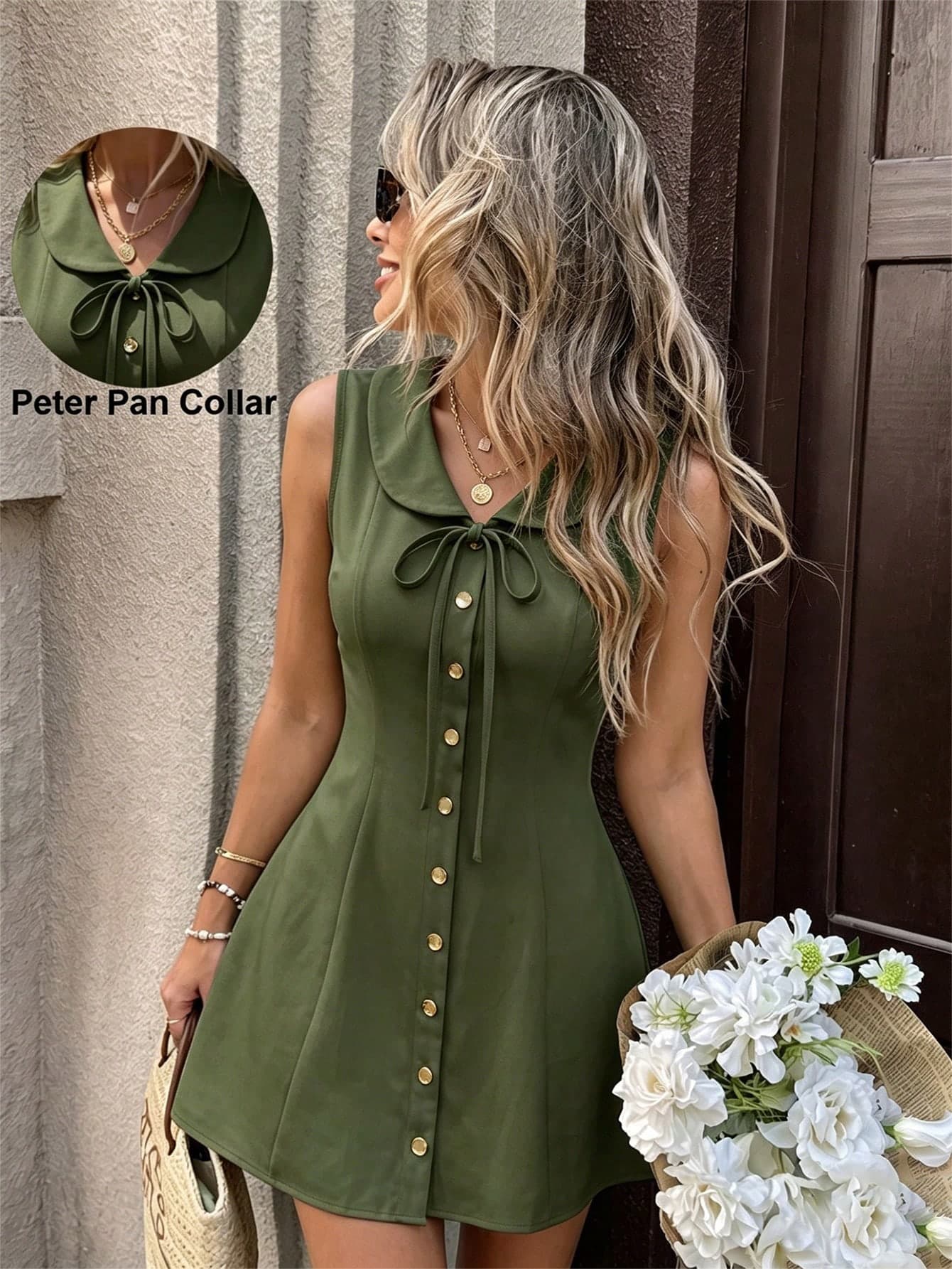 SHEIN PariChic French Gentle Peter Pan Collar Dress, Tie-Up Button Waist, A-Line Skirt, Valentine's Day Date / Easter Garden Outing / Graduation Season Travel Photography Sweet Girl Vibe Outfit