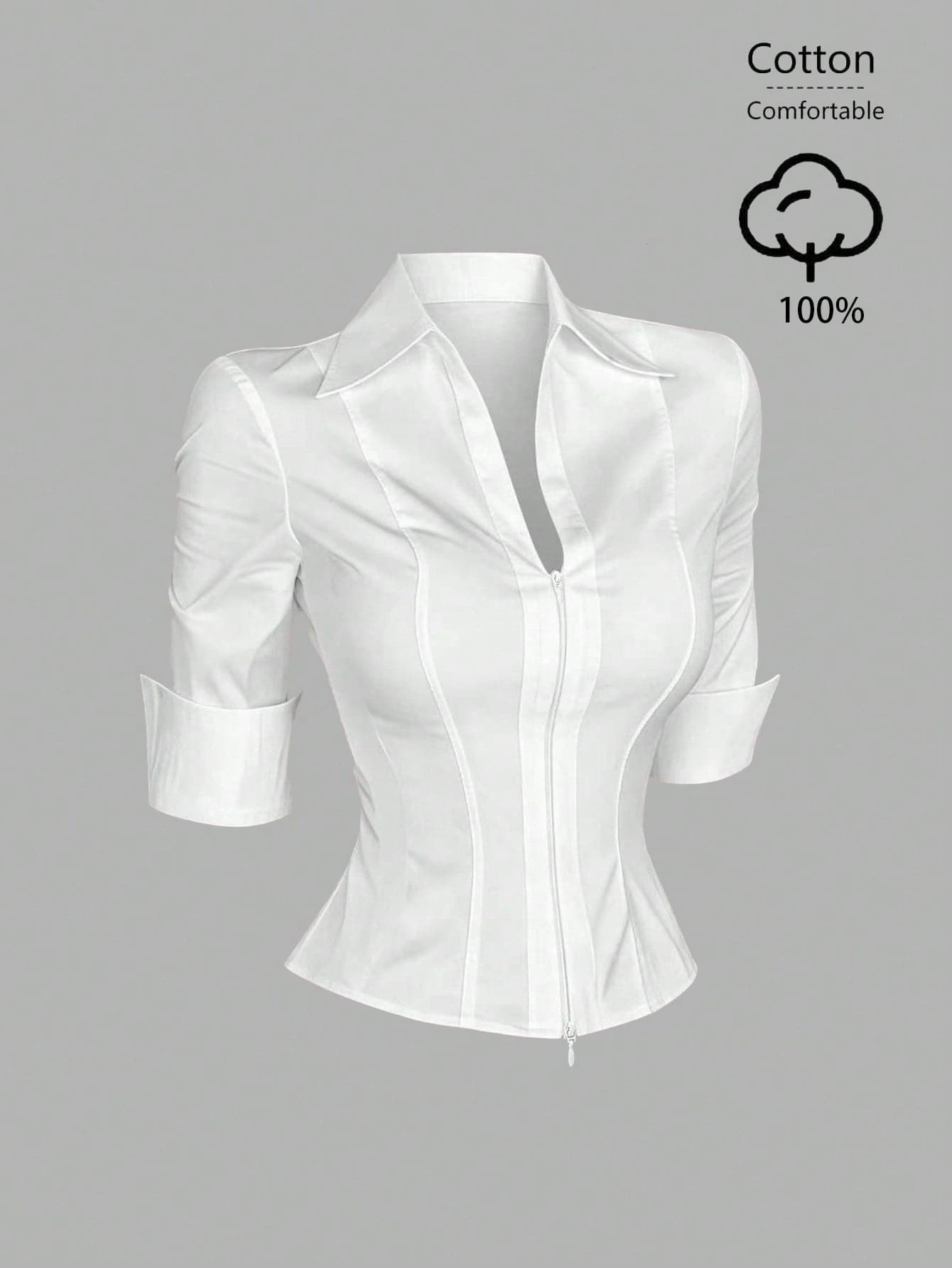 Sweetra Women's New White Pure Cotton Minimalist Slim Fit Commuter Office Wear, Elegant Elegant, High-Intelligence Style, Double Zipper Design, New Short Sleeve V-Neck Blouse