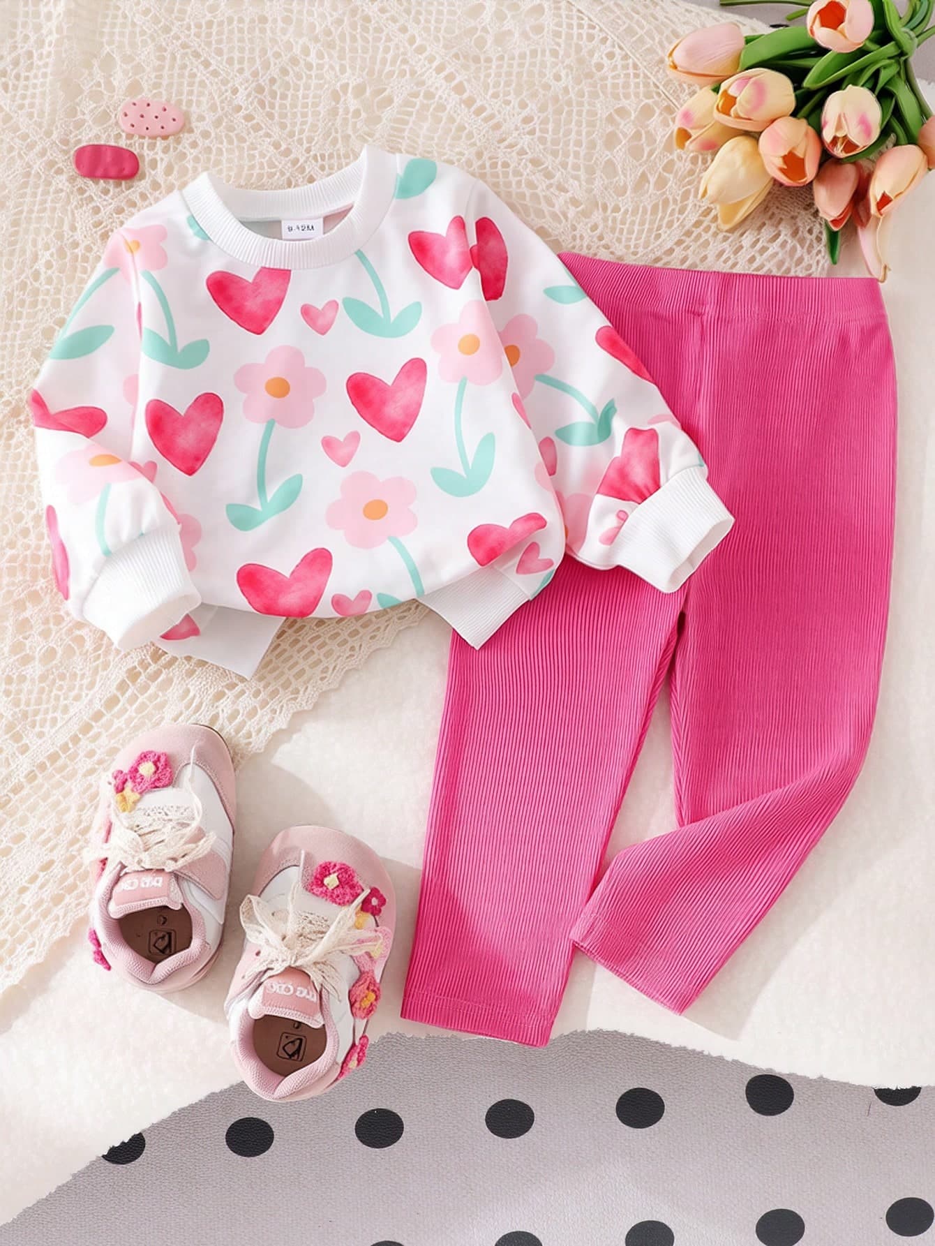 SHEIN Playful Pals Infant Toddler Casual Cute Daily Party Cute Sweatshirt Set Hot Pink Floral Print Clear Playful Top Knit Leggings Girl Baby Autumn Clothes