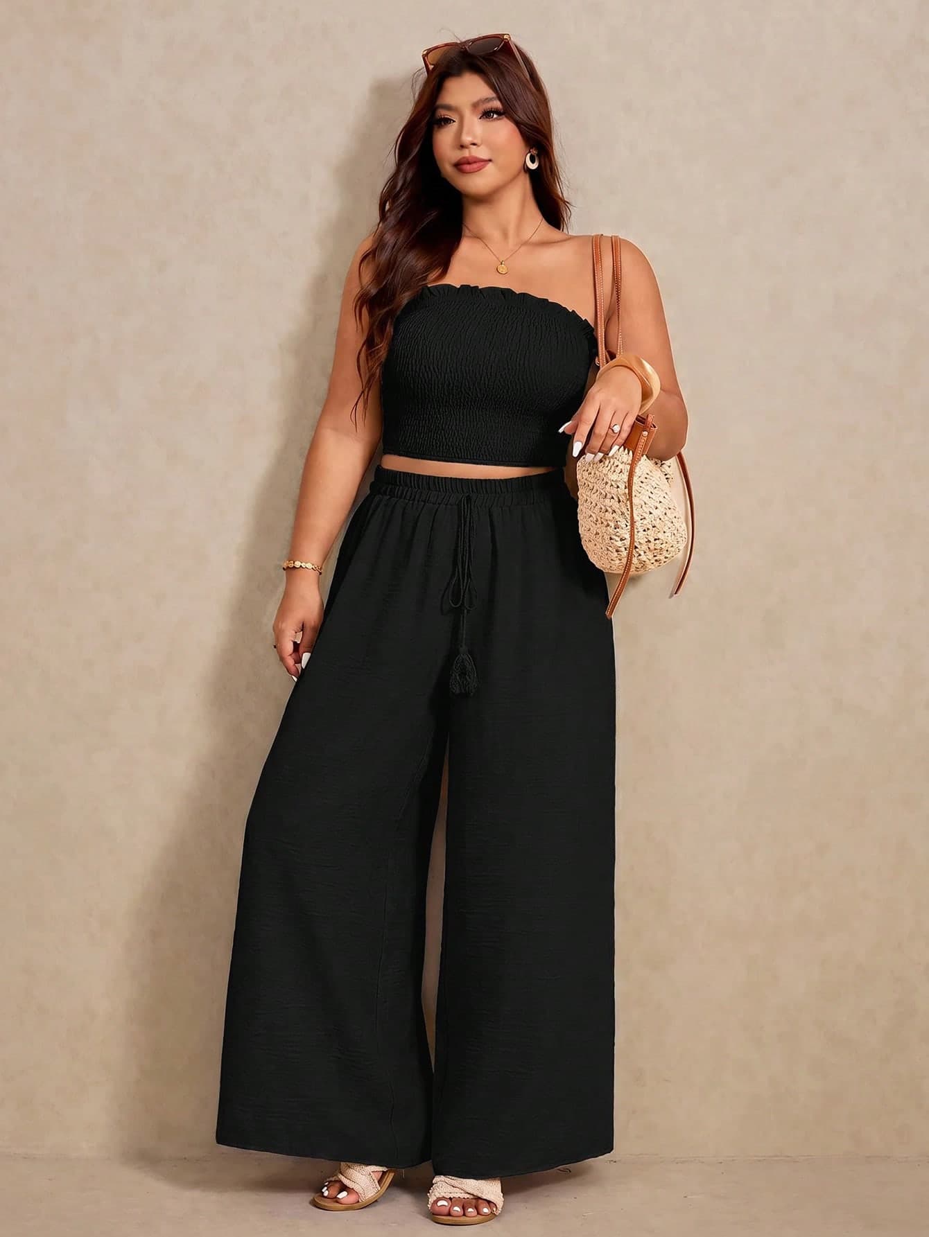 Elaquor Plus Size Solid Color Tube Top And Long Pants 2 Pieces Set For Vacation And Casual Wear