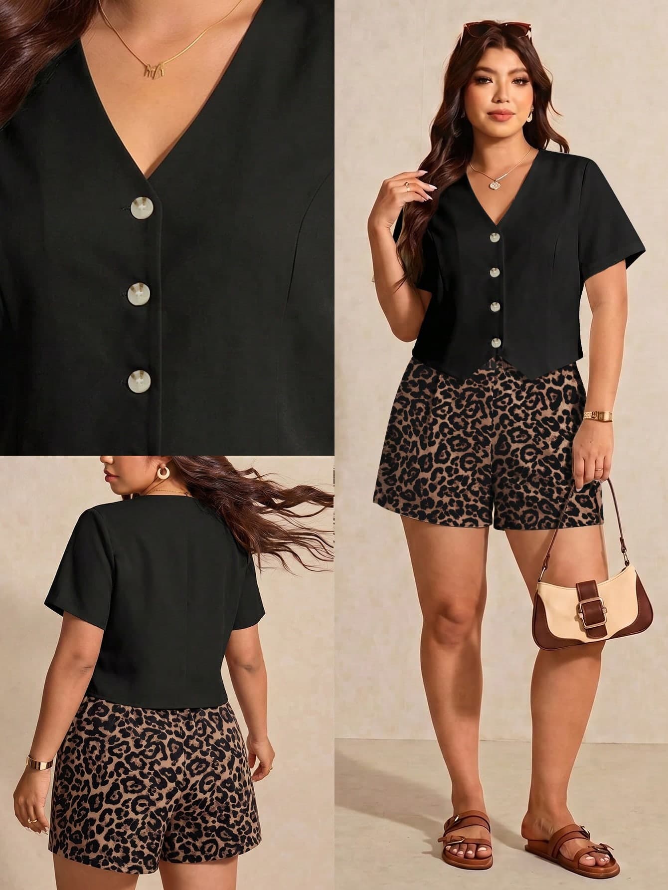 SHEIN Essnce Casual Vacation Black Top + Vintage Leopard Print Shorts Plus Size 2-Piece Set Suitable For Summer Office Black Outfit