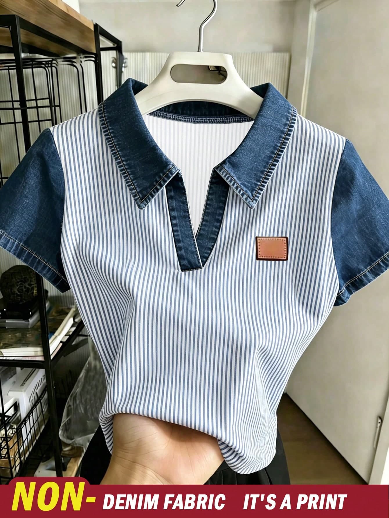 Resyla Women Blue And White Striped Polo Collar Short-Sleeve Tops,Faux Denim Fashion T-Shirts,Summer Casual Back-To-School D School Item