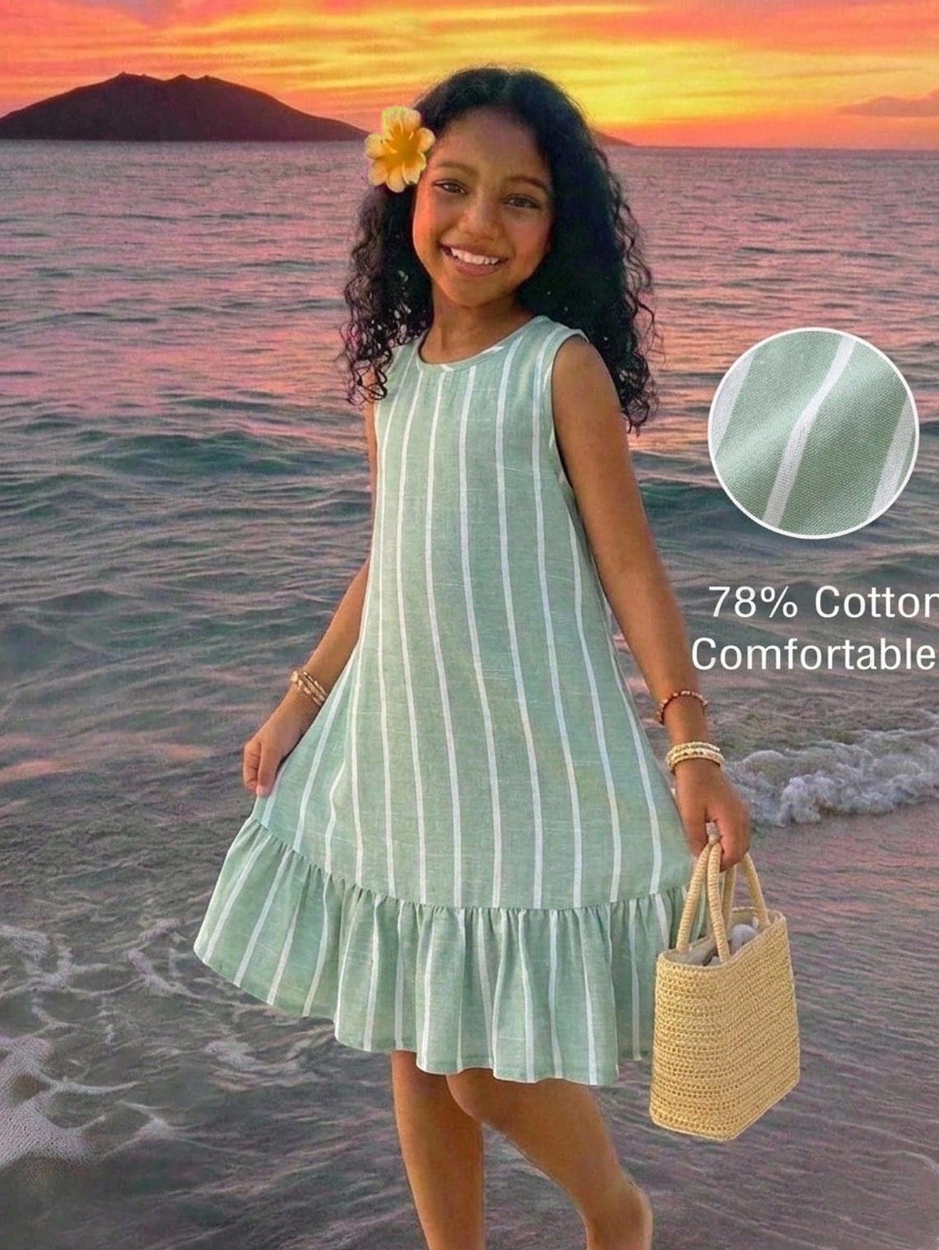 SHEIN Tween Girl Tween Girls Tween Girl Green Striped Tank Dress, Casual Daily Fashion, Versatile For Camping And Outings, Sister Matching, Parent-Child Outfit