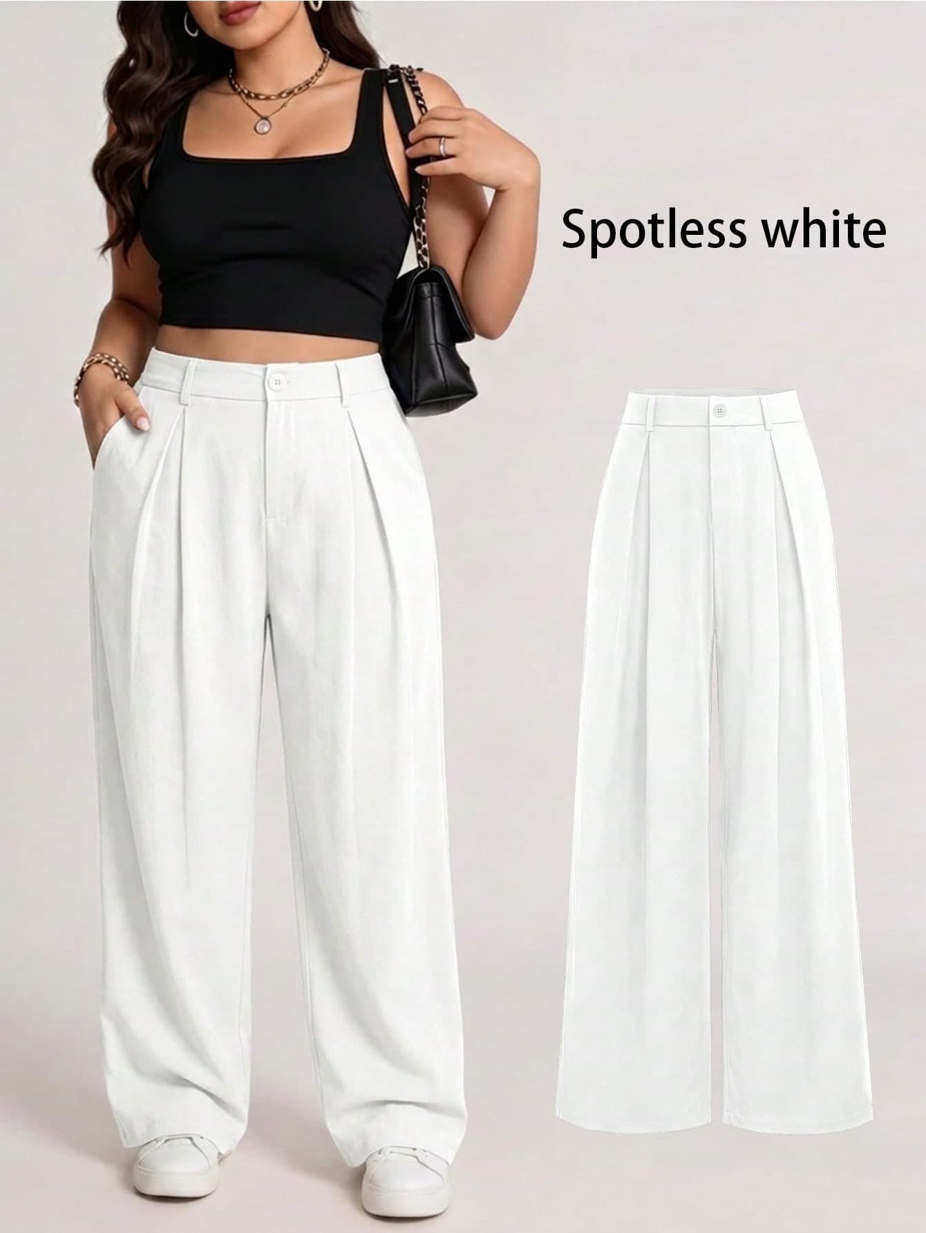 EMERY ROSE Plus Size Women's Solid Color High Waist Pleated Pocket Wide Leg Loose Pants