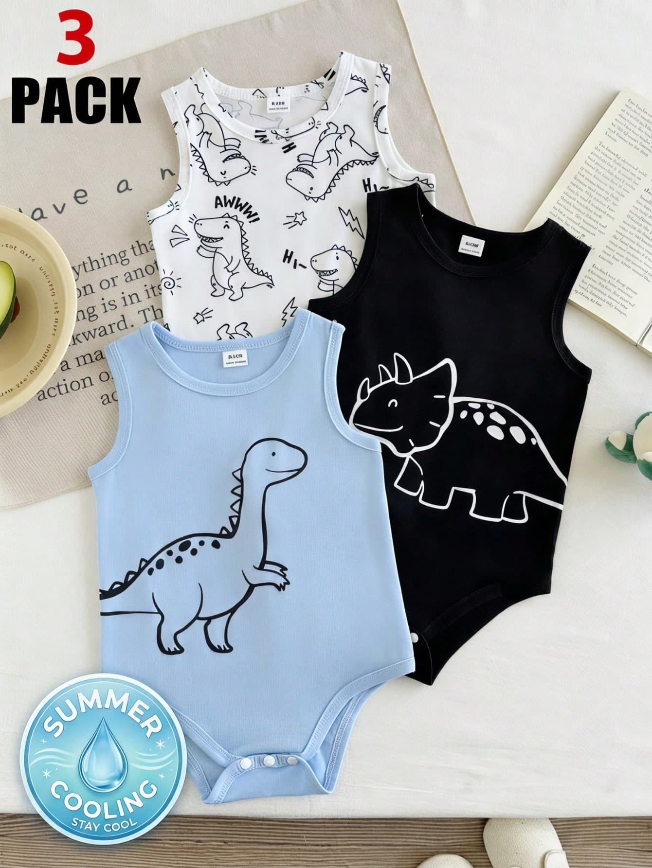 SHEIN Baby Boy Round Neck Cartoon Print Casual Daily Outing Romper 3pcs Set