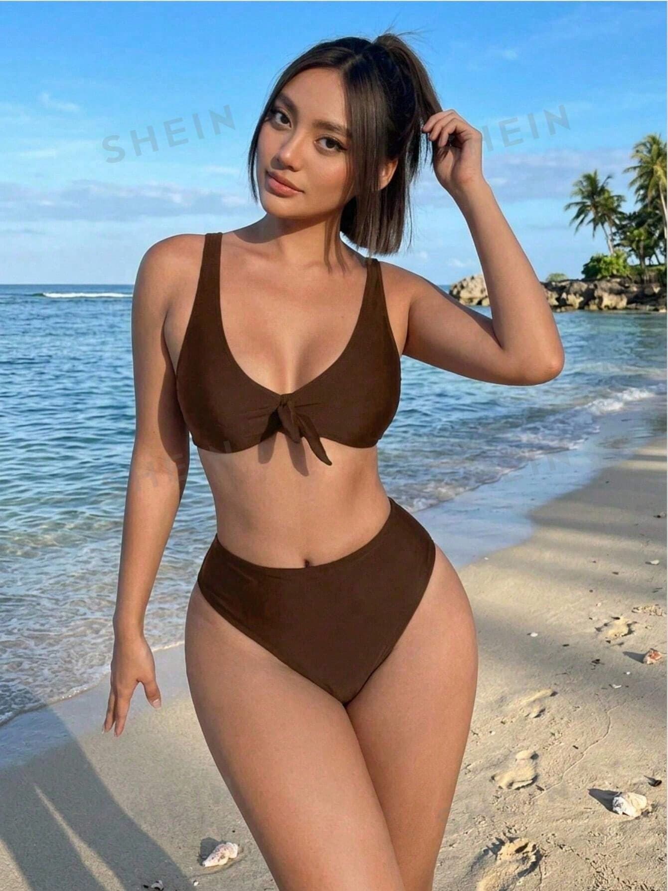 Bloopia Women's Front Knot High Waisted Bikini Set Brown Two Pieces Swimsuit For Summer Casual Beach Vacation Holiday,Solid Color Fashionable Swimwear Set