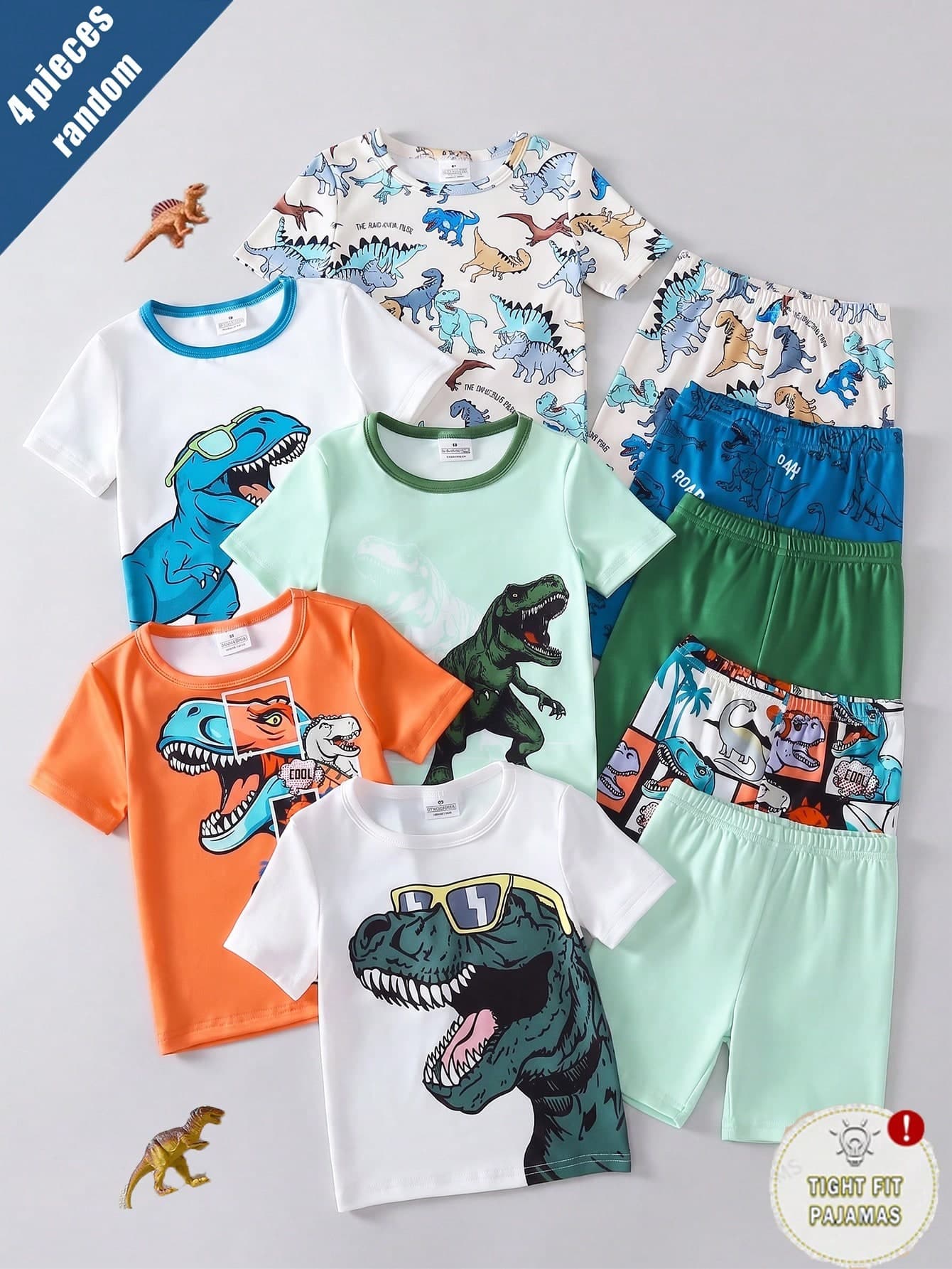 (Random 5 Sets, Send 2 Sets) Young BoyCute Dinosaur Print Soft Short Sleeve Shorts Pajama Set, Comfortable For Indoor Wear And Outdoor Activities