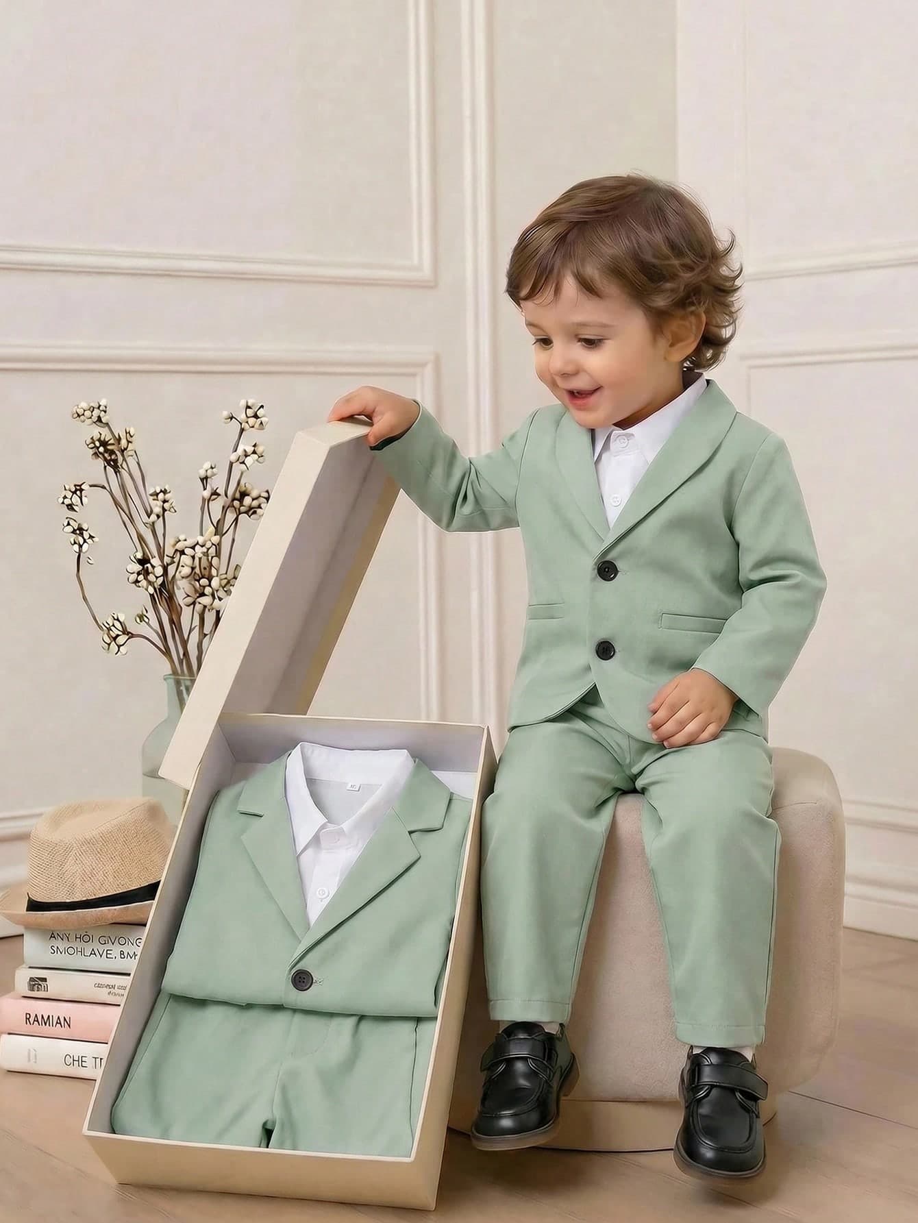 SHEIN Kids 2pcs/Set Young Boy Black Classic Lapel Blazer Jacket And Pants Suit,Gentleman Wedding Formal Dress,Elegant Vintage Outfit For Ceremony
