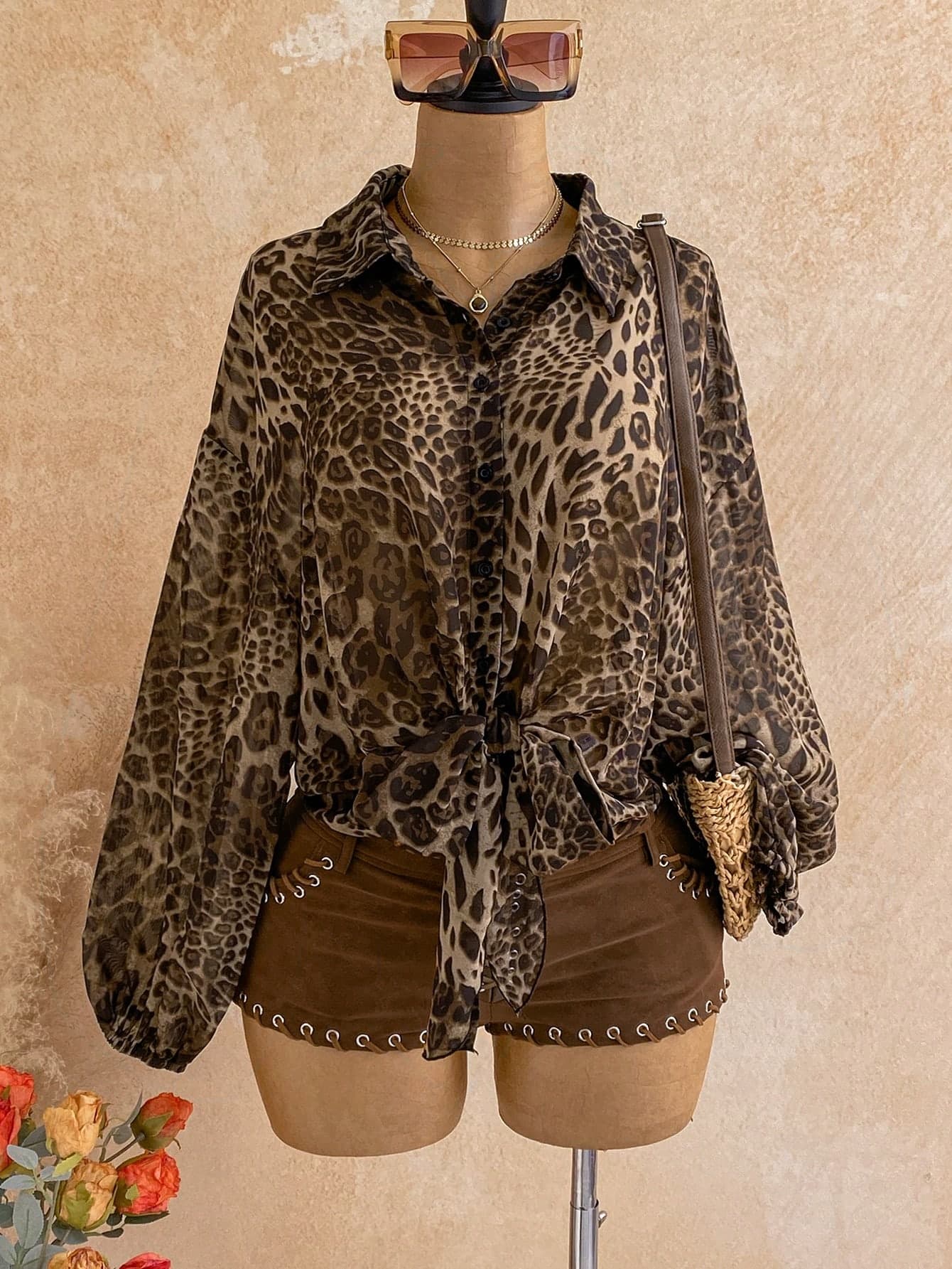 Soleia Women's Plus Size Leopard Print Chiffon Tie Front Blouse For Vacation