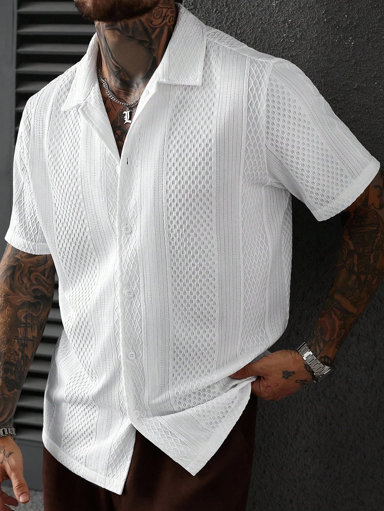 SLATEMANN Men's Solid Color Jacquard Knit Short Sleeve Shirt