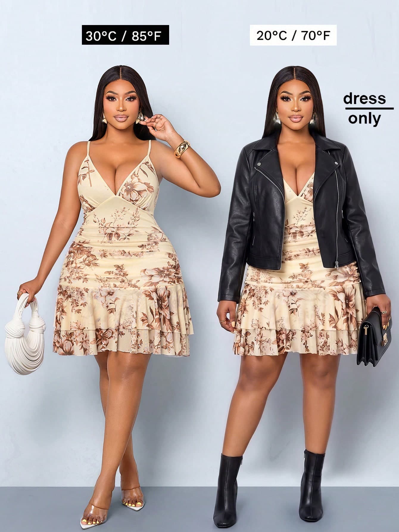 SOLERSUN Plus Size Women's Printed Cami Dress With Ruched Detail And Ruffle Hem, Slim-Fit & Versatile. Ideal For Night Out And Club Wear, Perfect For Beach Vacations, Festivals, Graduation Parties And Date Nights.