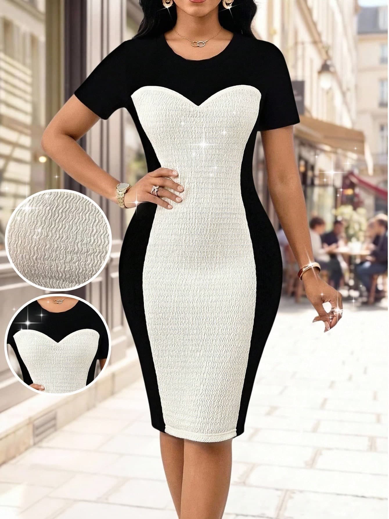 SHEIN Lady Plus Size Summer Elegant Colorblock Patchwork Fitted Dress Office Formal Dinner Formal Gym Party Black And White
