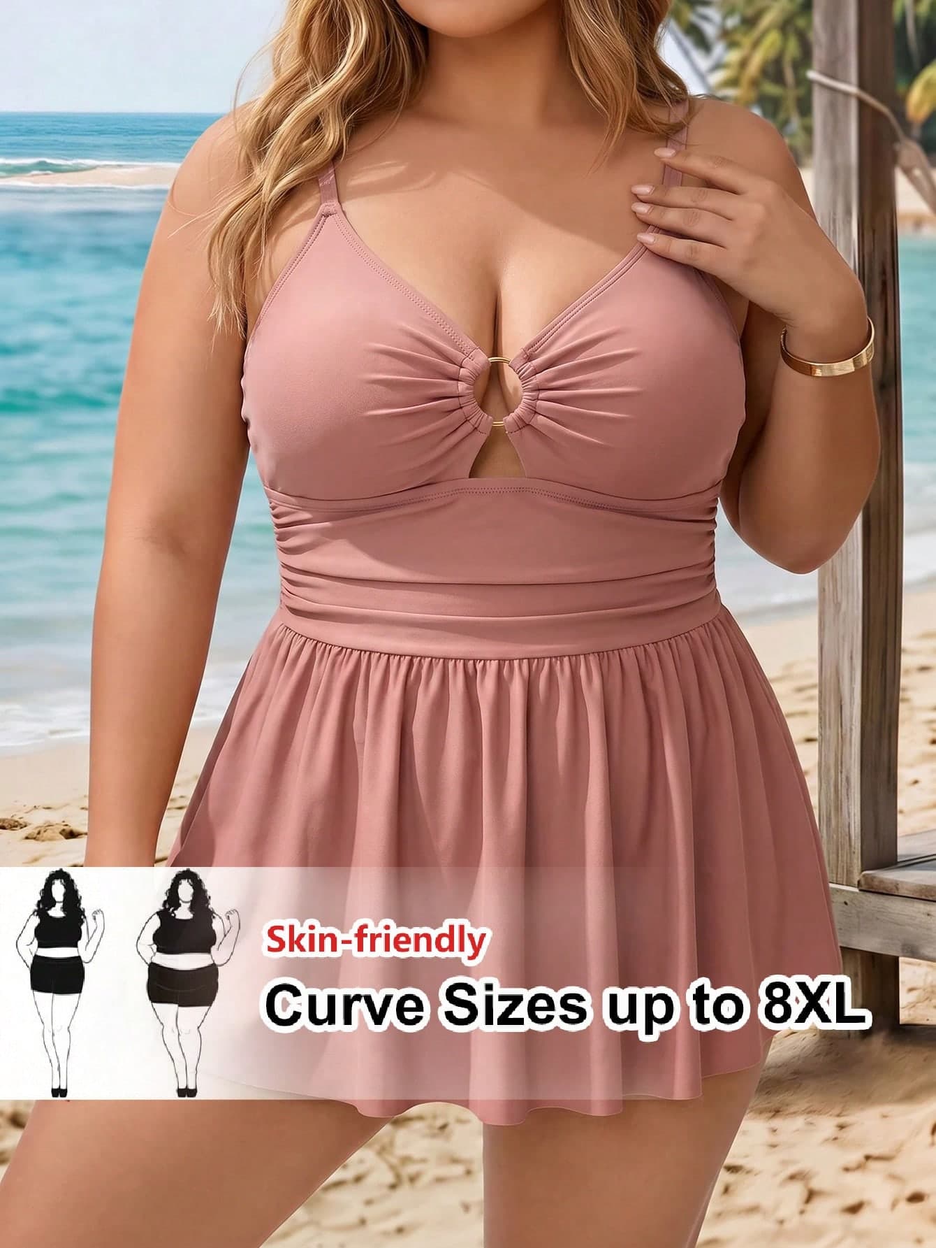 SHEIN CURVE+ Plus Size Women's Solid Color Ruched Spaghetti Strap Swim Dress, Suitable For Summer Vacation And Beach