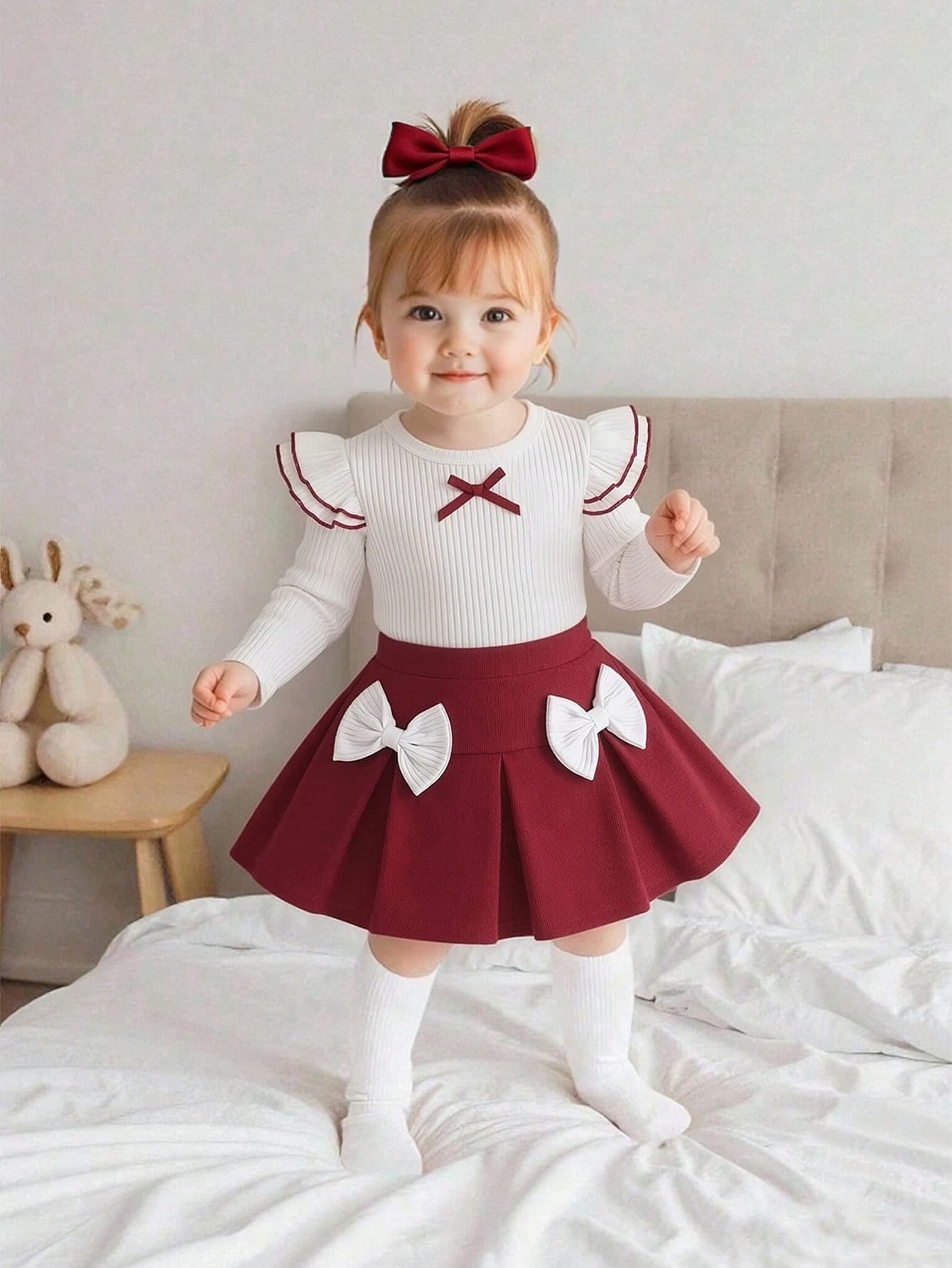 SHEIN Playful Pals Baby Girls Unisex Infant Toddler 0-3 Years Spring/Autumn Elegant Style Crew Neck Pullover Top With Bow Knot Detail And Red Skirt Set, Elegant Style Casual Fit Suitable For Outings, Leisure And Parties